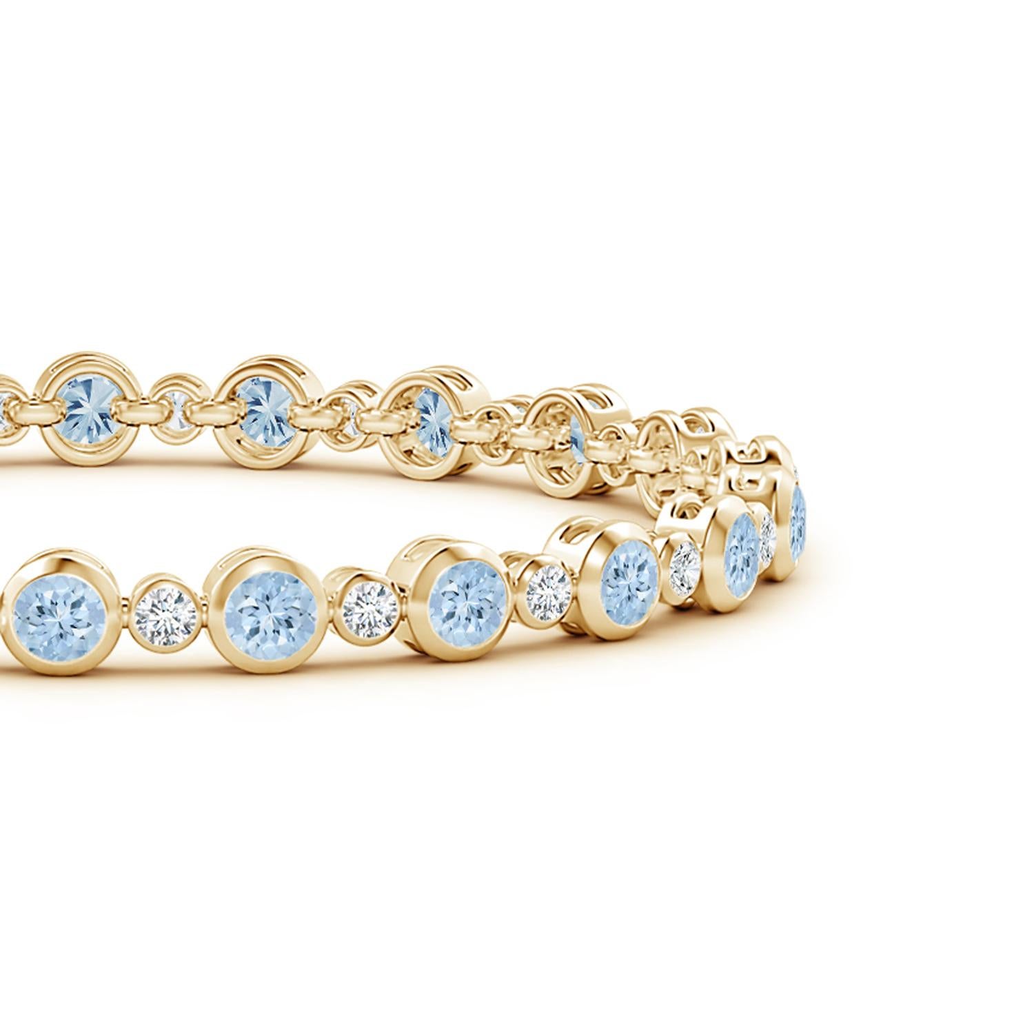 Simple yet so appealing, this tennis bracelet in 14k yellow gold is effortlessly elegant. The alternated round diamonds and icy blue aquamarines are secured in bezel settings.