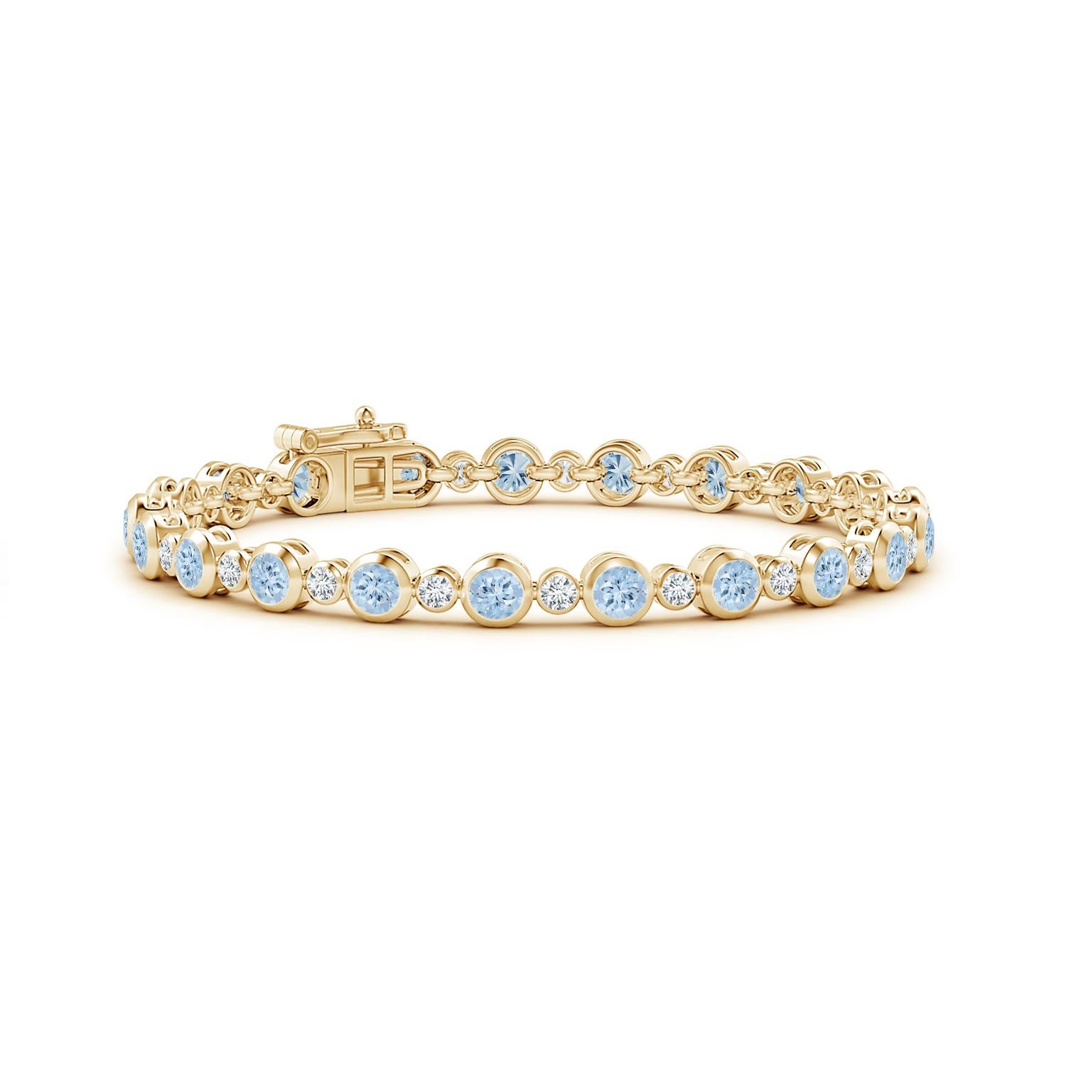 Modern Bezel-Set 3.15ct Aquamarine and Diamond Tennis Bracelet in 14K Yellow Gold For Sale