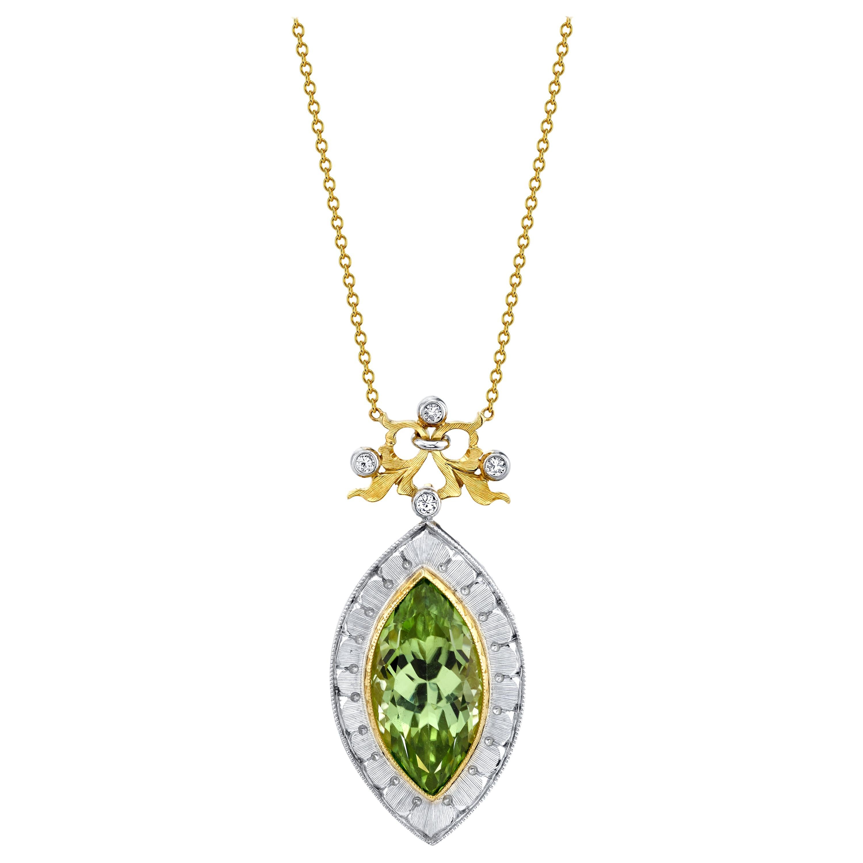 7.48 Carat Peridot Marquise and Diamond Halo Necklace in 18k Yellow Gold  For Sale