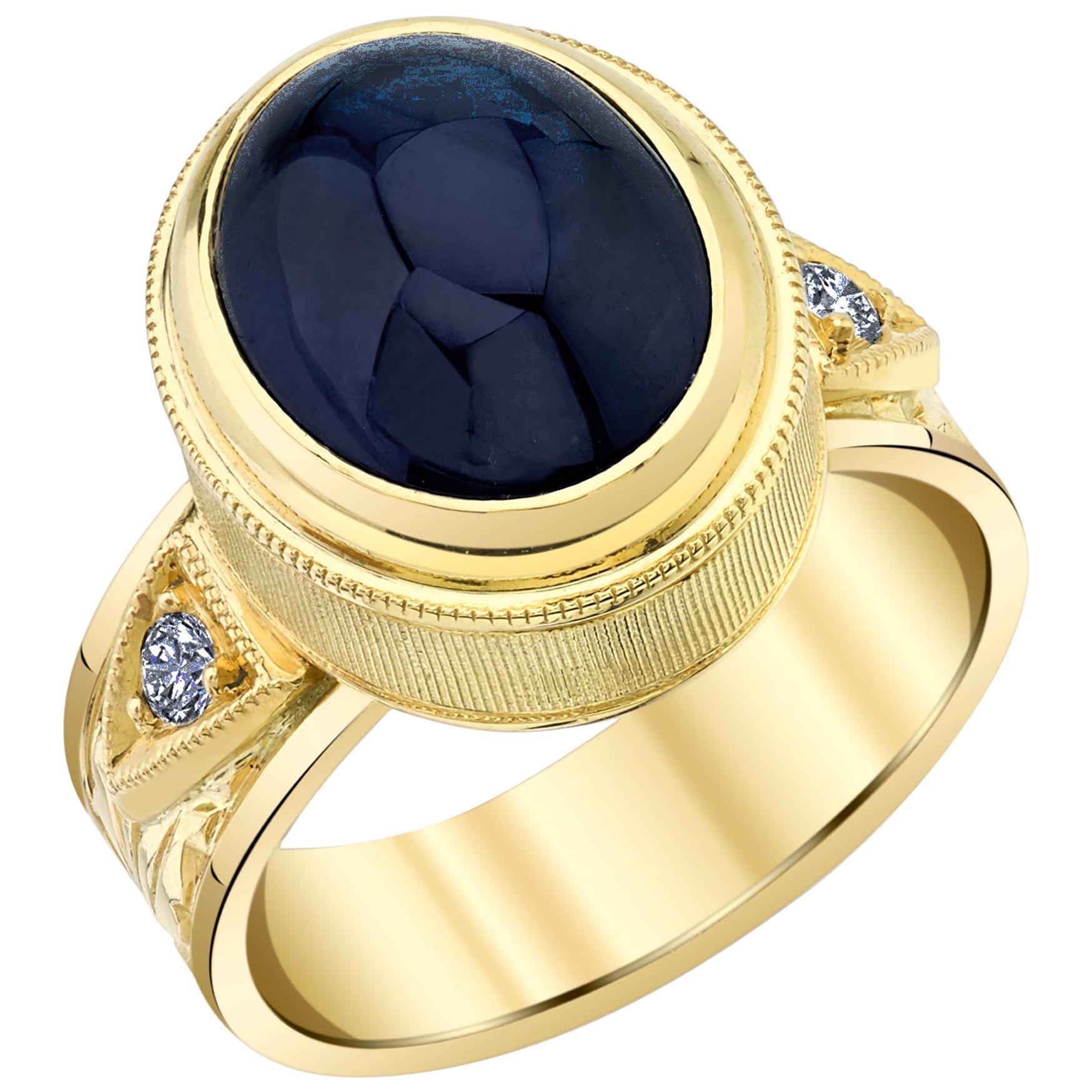 9.06 Carat Blue Sapphire Cabochon and Diamond Band Ring in Yellow Gold For Sale