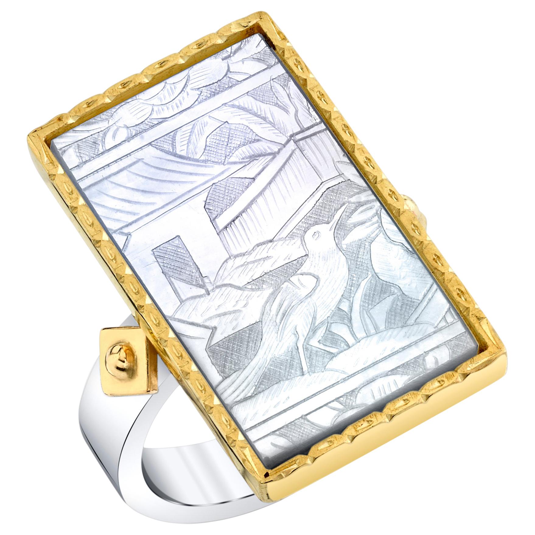 Bezel Set Antique Mother of Pearl Gaming Counter, Silver and Yellow Gold Ring