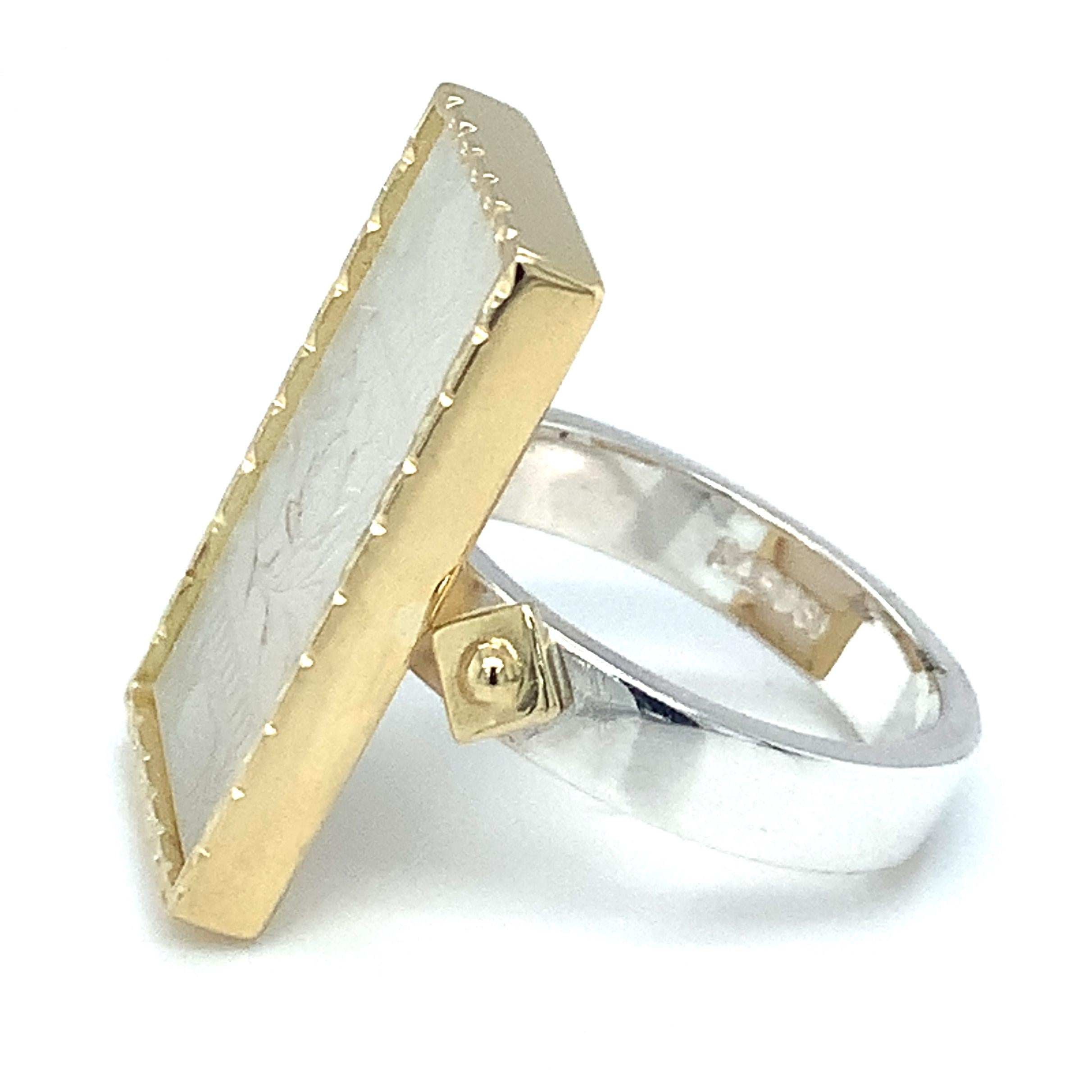 Mother-of-Pearl Antique Gaming Counter Ring in Silver, Yellow Gold with Bands In New Condition For Sale In Los Angeles, CA