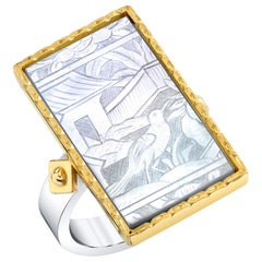 Bezel Set Antique Mother of Pearl Gaming Counter, Silver, Yellow Gold Ring