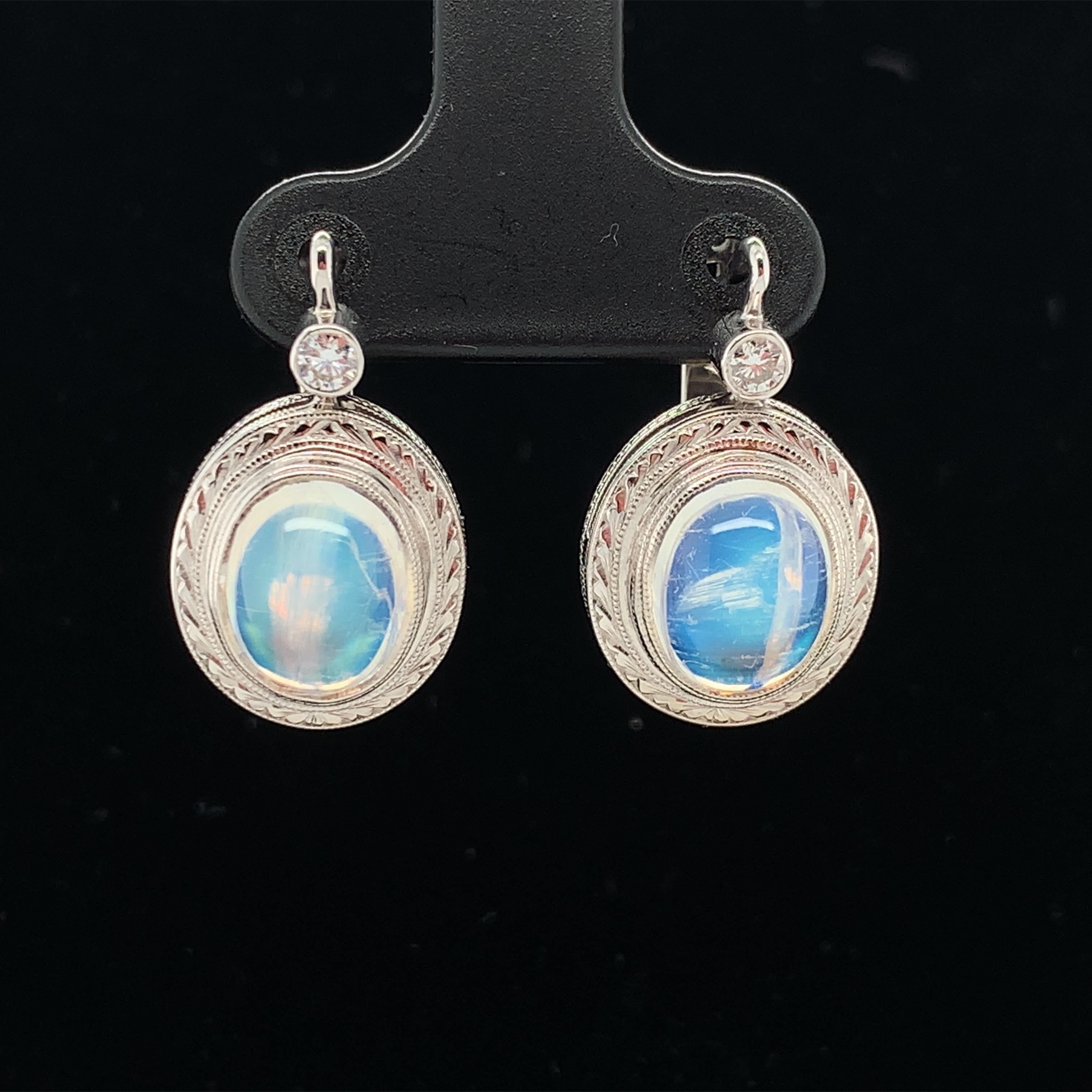 Blue Flash Moonstone and Diamond Drop Earrings in Hand Engraved White Gold  For Sale 3