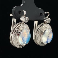 Blue Flash Moonstone and Diamond Drop Earrings in Hand Engraved White Gold