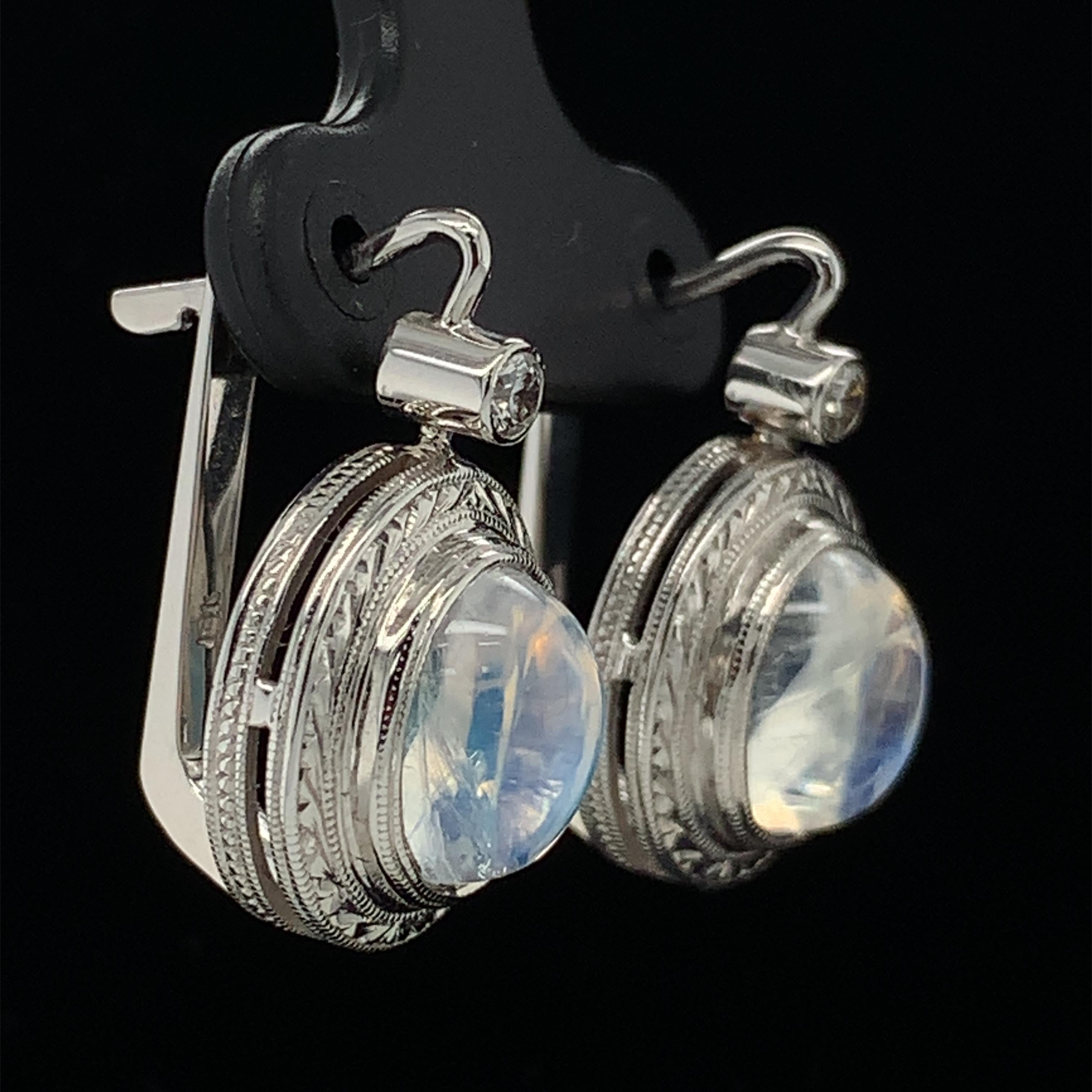Artisan Blue Flash Moonstone and Diamond Drop Earrings in Hand Engraved White Gold  For Sale
