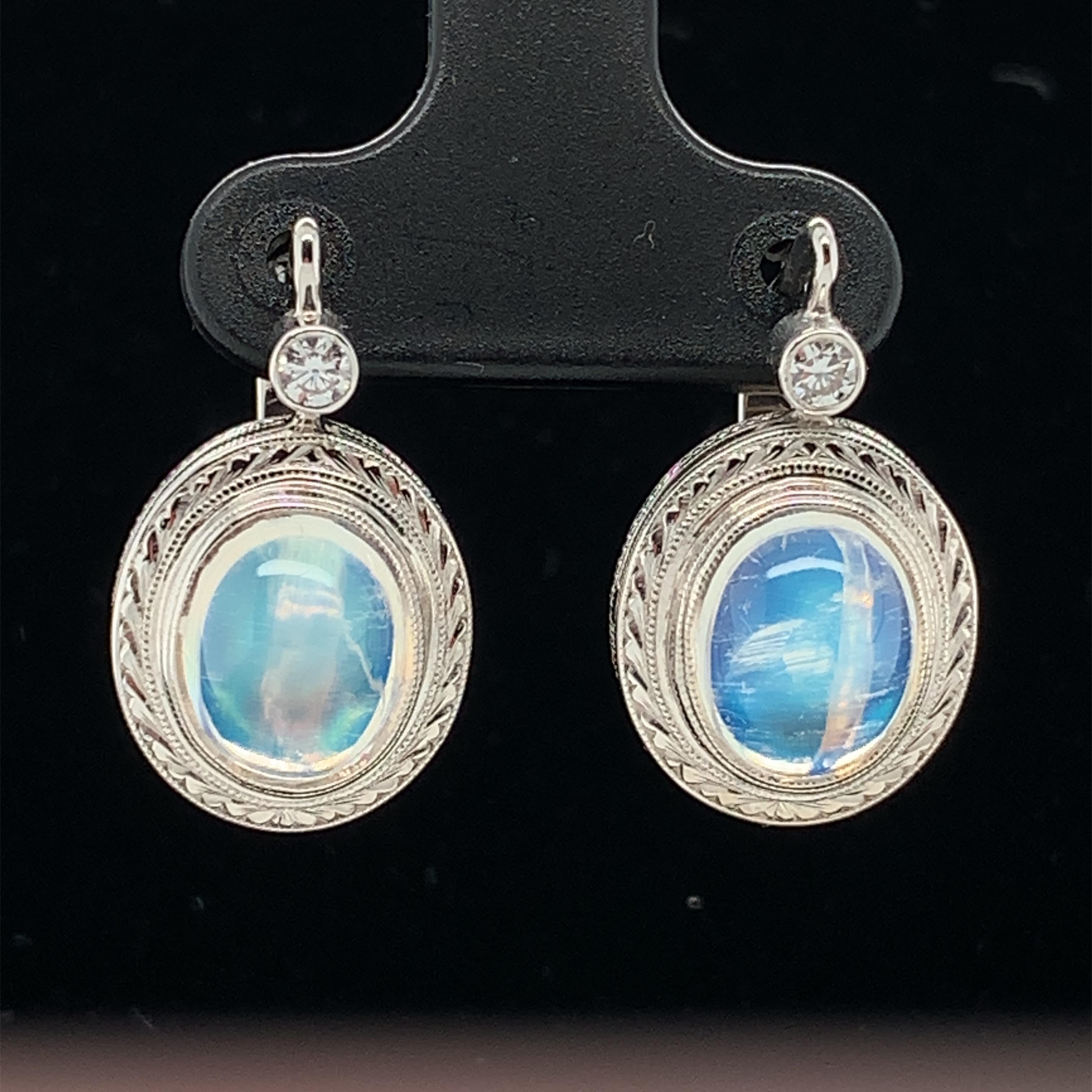 Cabochon Blue Flash Moonstone and Diamond Drop Earrings in Hand Engraved White Gold  For Sale
