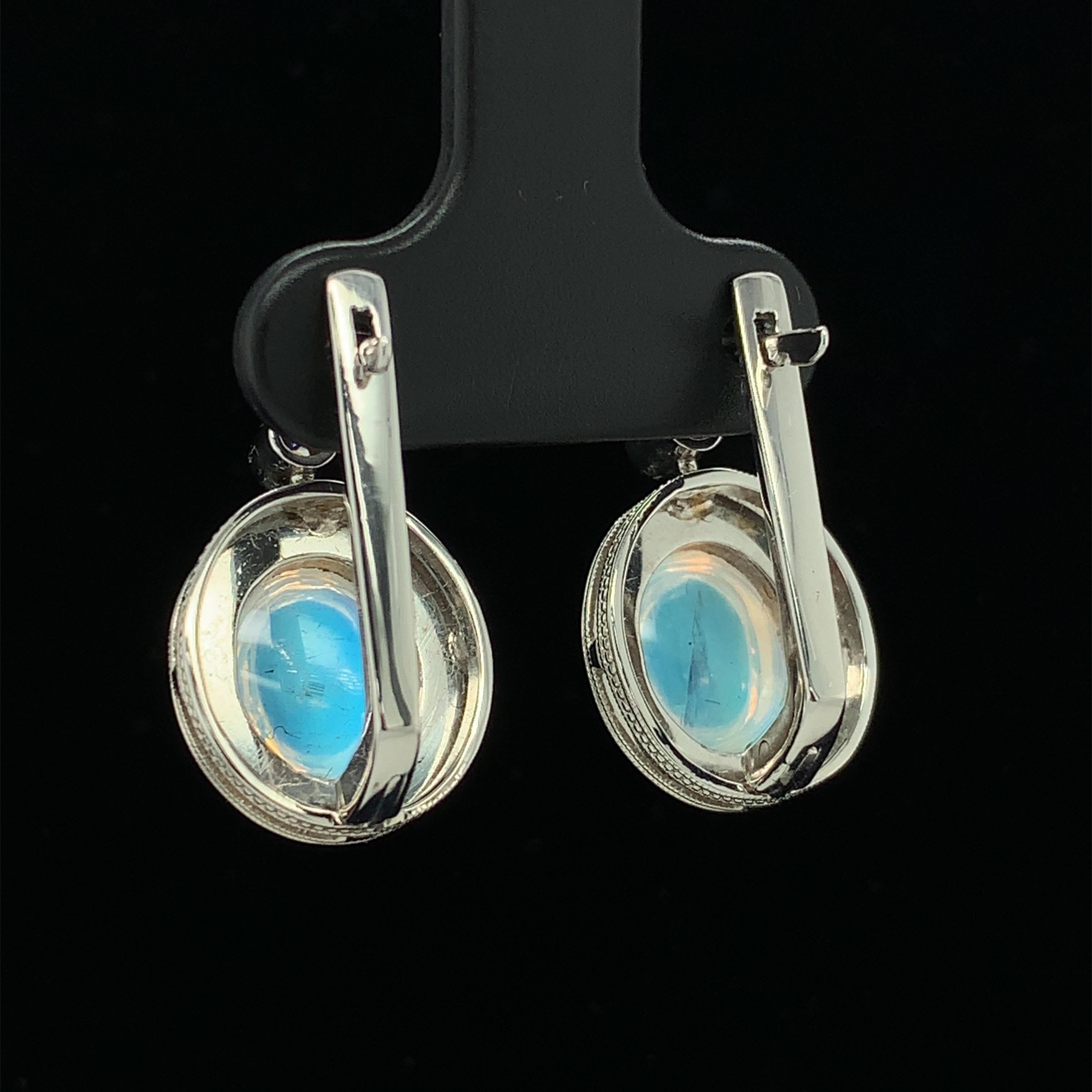 Blue Flash Moonstone and Diamond Drop Earrings in Hand Engraved White Gold  In New Condition For Sale In Los Angeles, CA