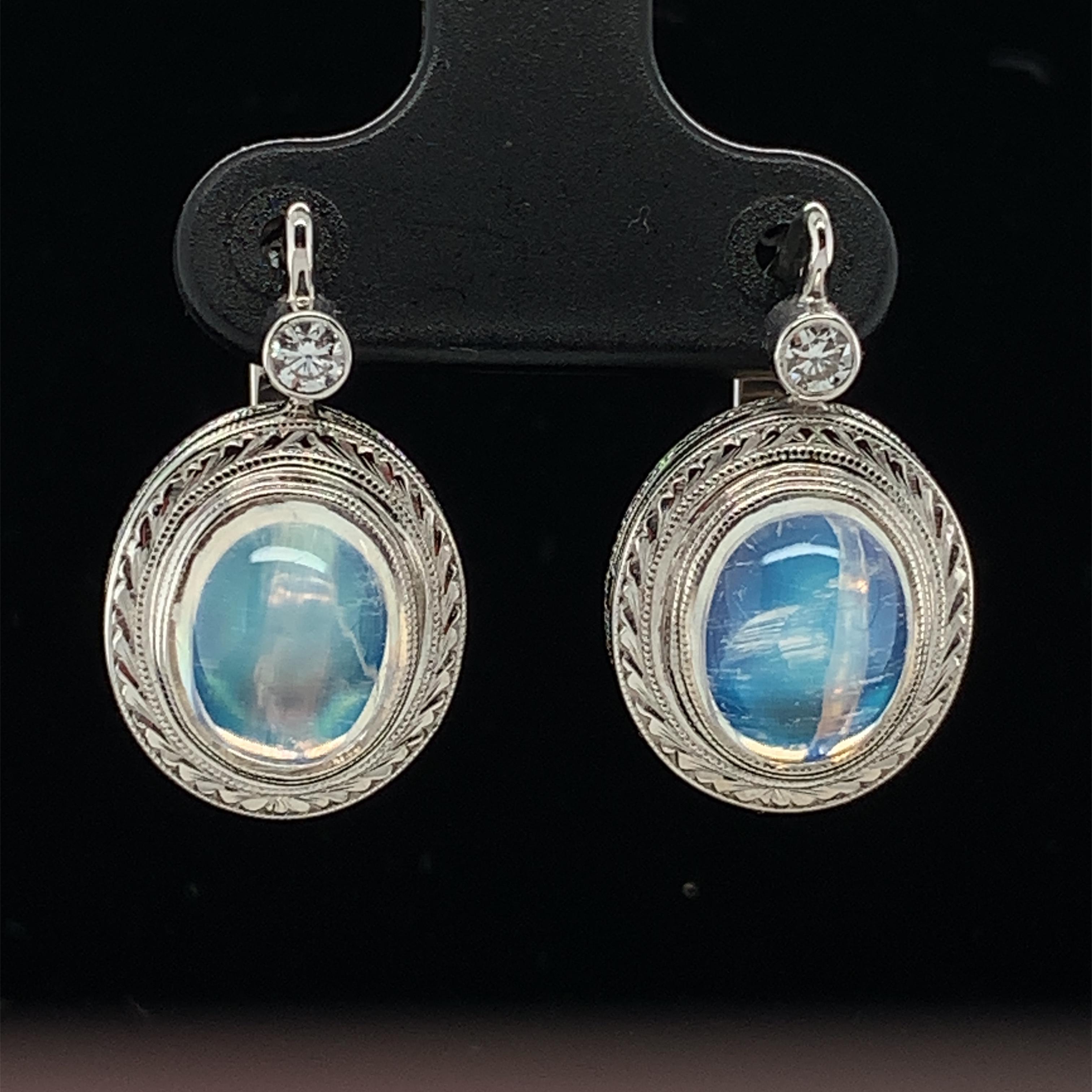 Women's Blue Flash Moonstone and Diamond Drop Earrings in Hand Engraved White Gold  For Sale