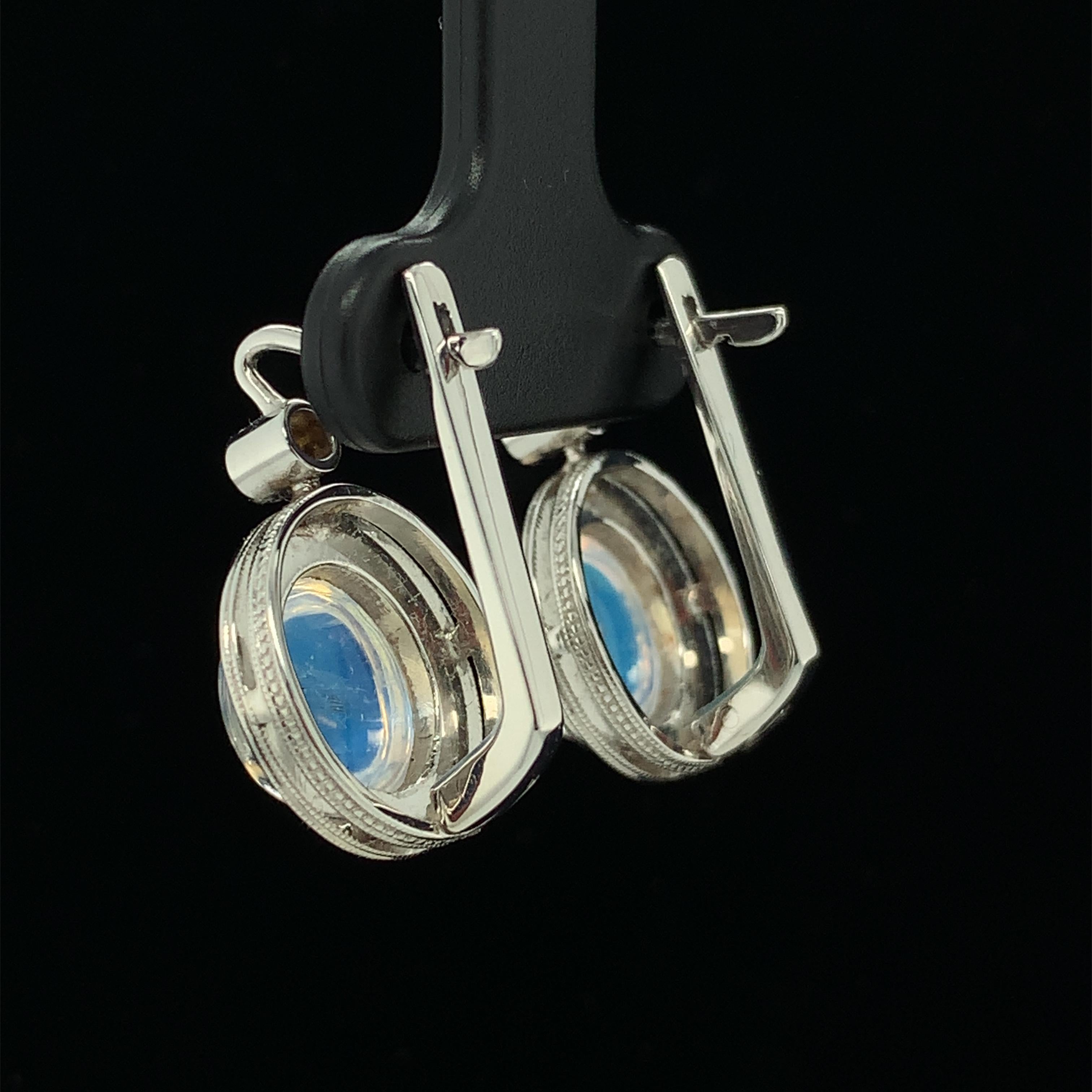 Blue Flash Moonstone and Diamond Drop Earrings in Hand Engraved White Gold  For Sale 2
