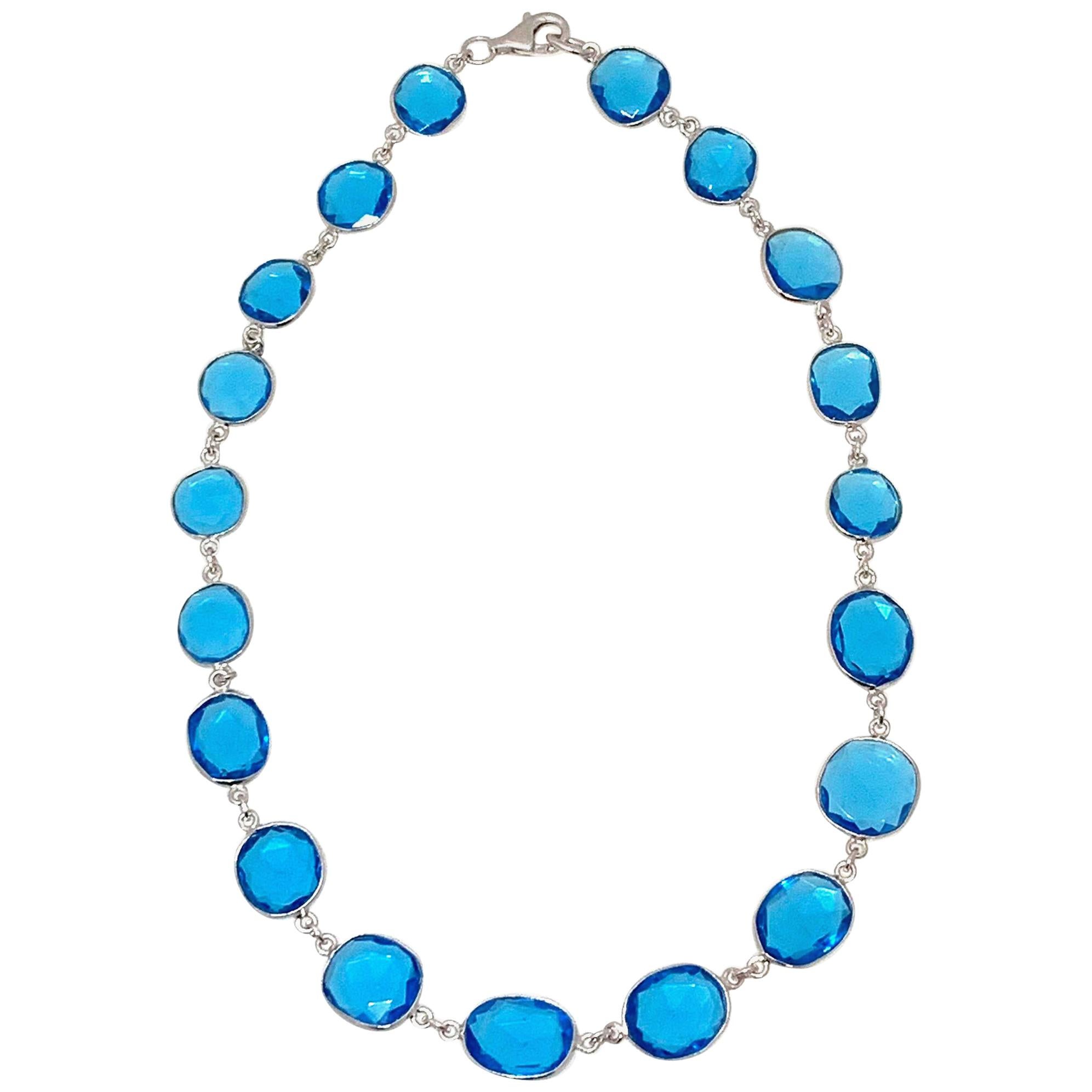 Bezel Set Blue Quartz Sterling Silver Necklace 16" For Sale