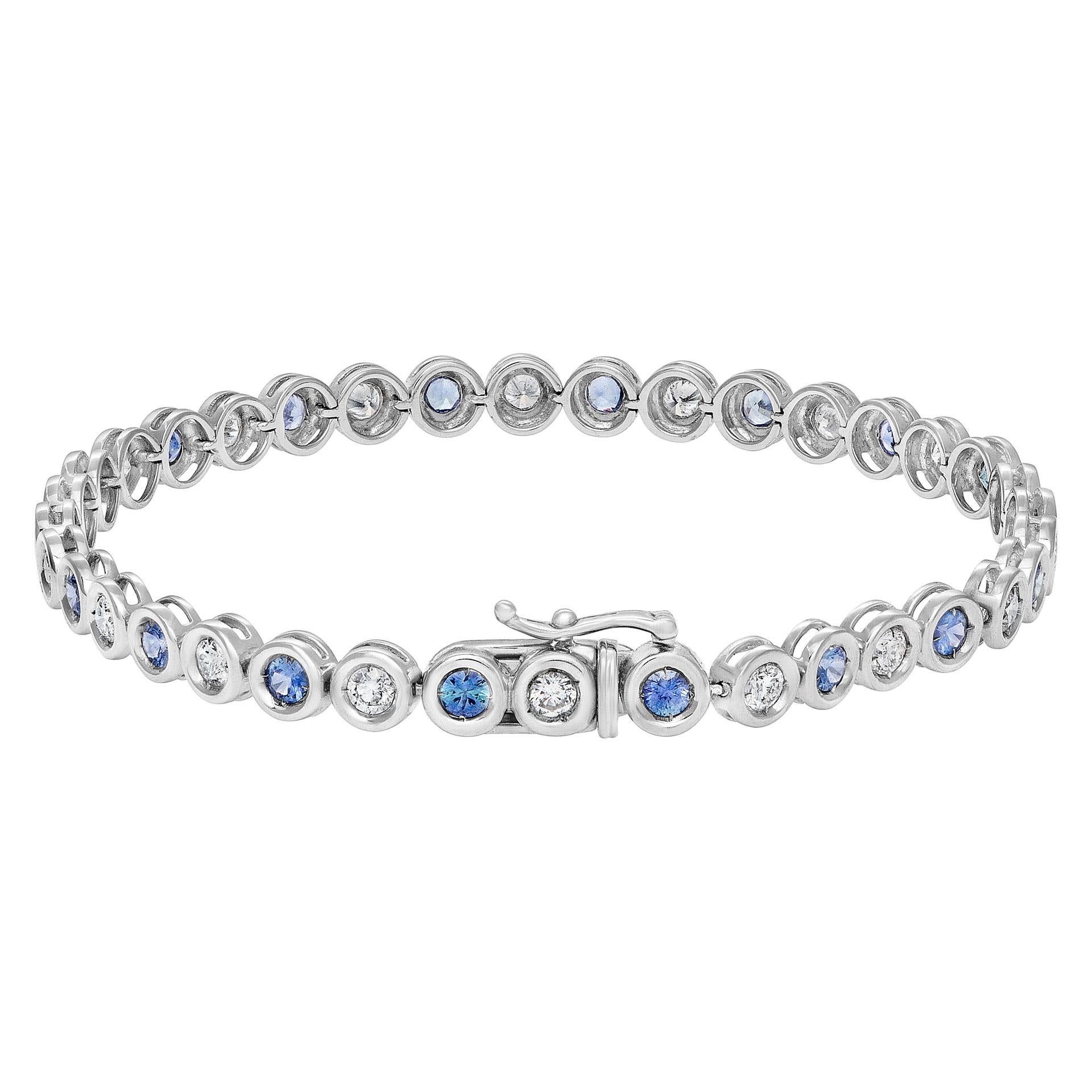 Women's Bezel Set Blue Sapphire and Diamond Line Bracelet in 18k White Gold For Sale