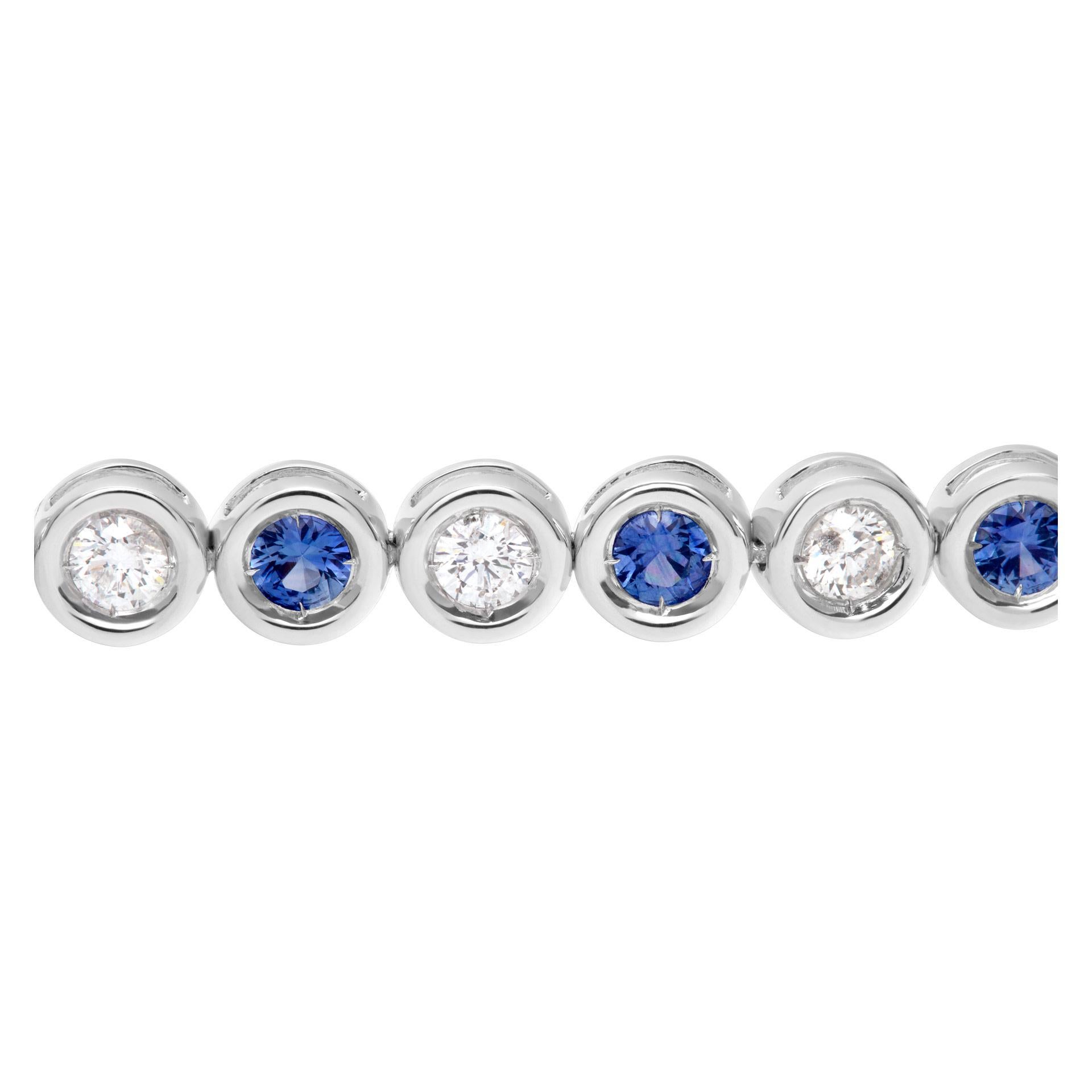 Bezel Set Blue Sapphire and Diamond Line Bracelet in 18k White Gold For Sale 1