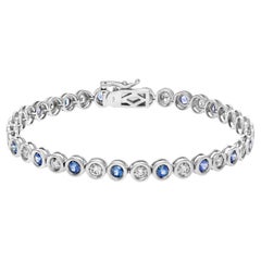 Vintage Bezel Set Blue Sapphire and Diamond Line Bracelet in 18k White Gold