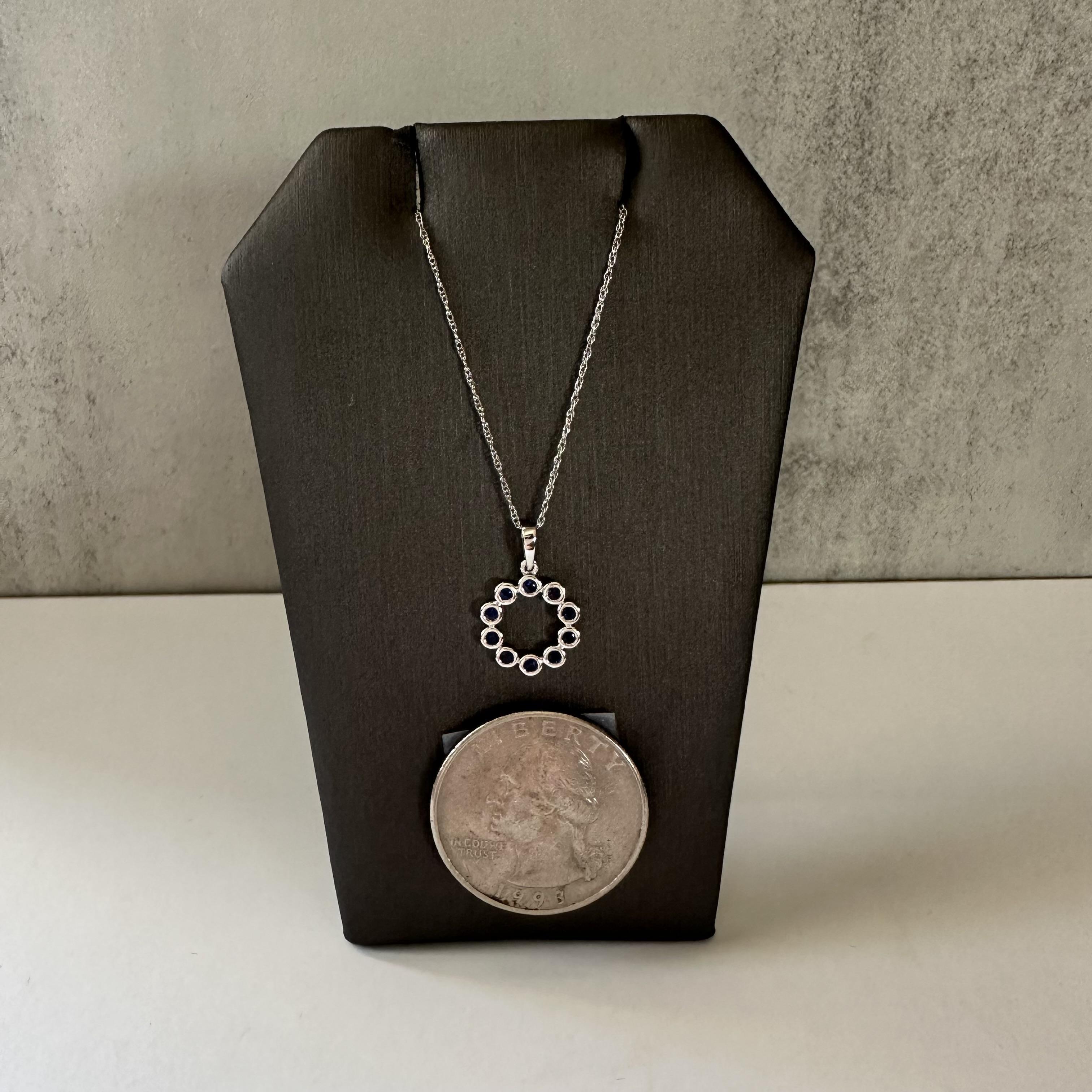 Round Cut Bezel Set Blue Sapphire Necklace in 10kt White Gold, 18