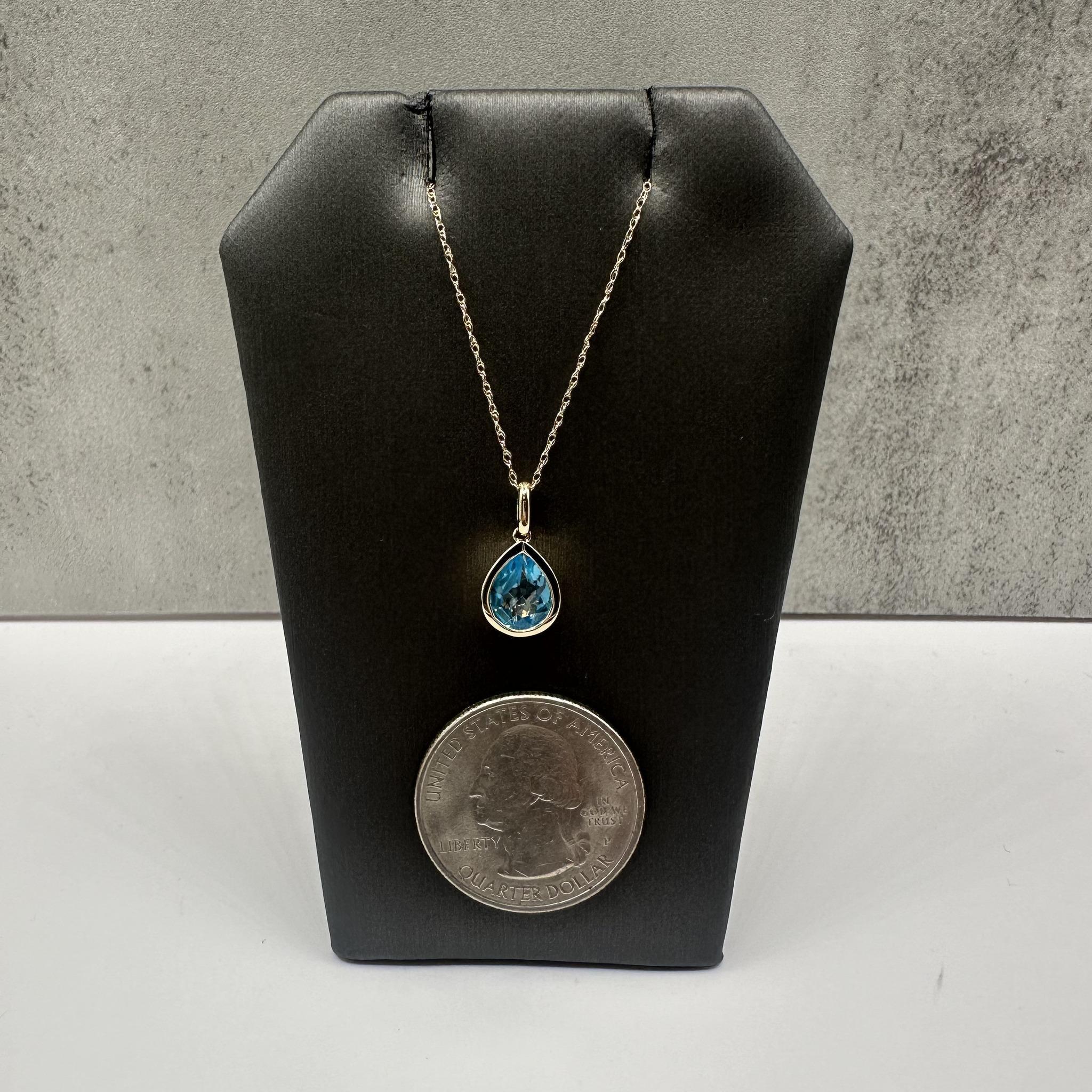 Bezel Set Blue Topaz Necklace in 14kt Yellow Gold - 8x6mm Pear Cut, 18