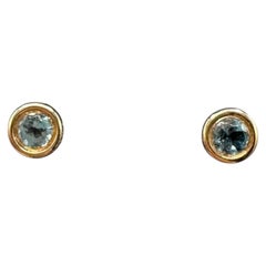 Bezel Set Blue Topaz Stud Earrings 14K Yellow Gold New
