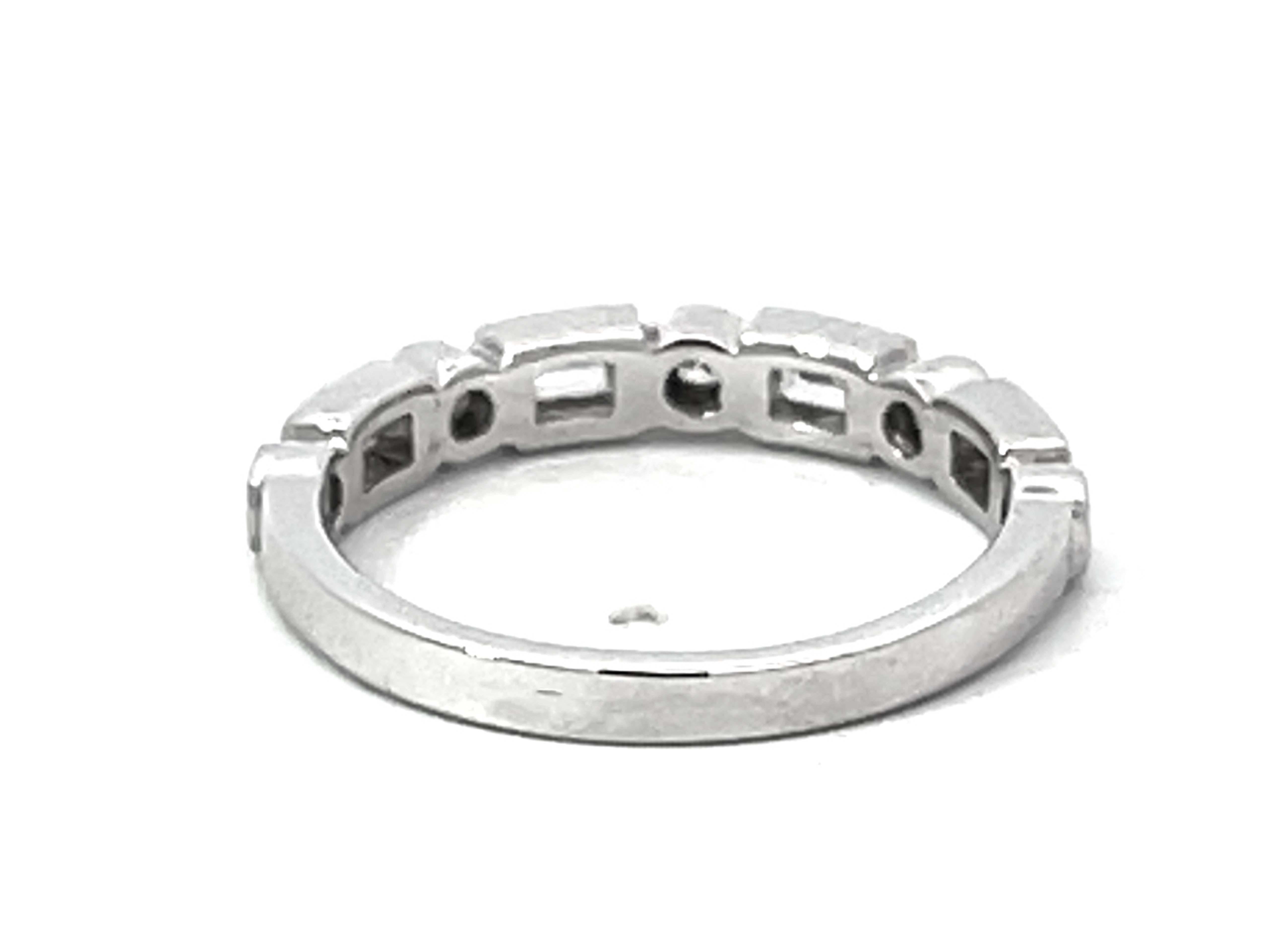 Bezel Set Brilliant and Baguette Diamond Band Ring Solid 18k White Gold For Sale 1