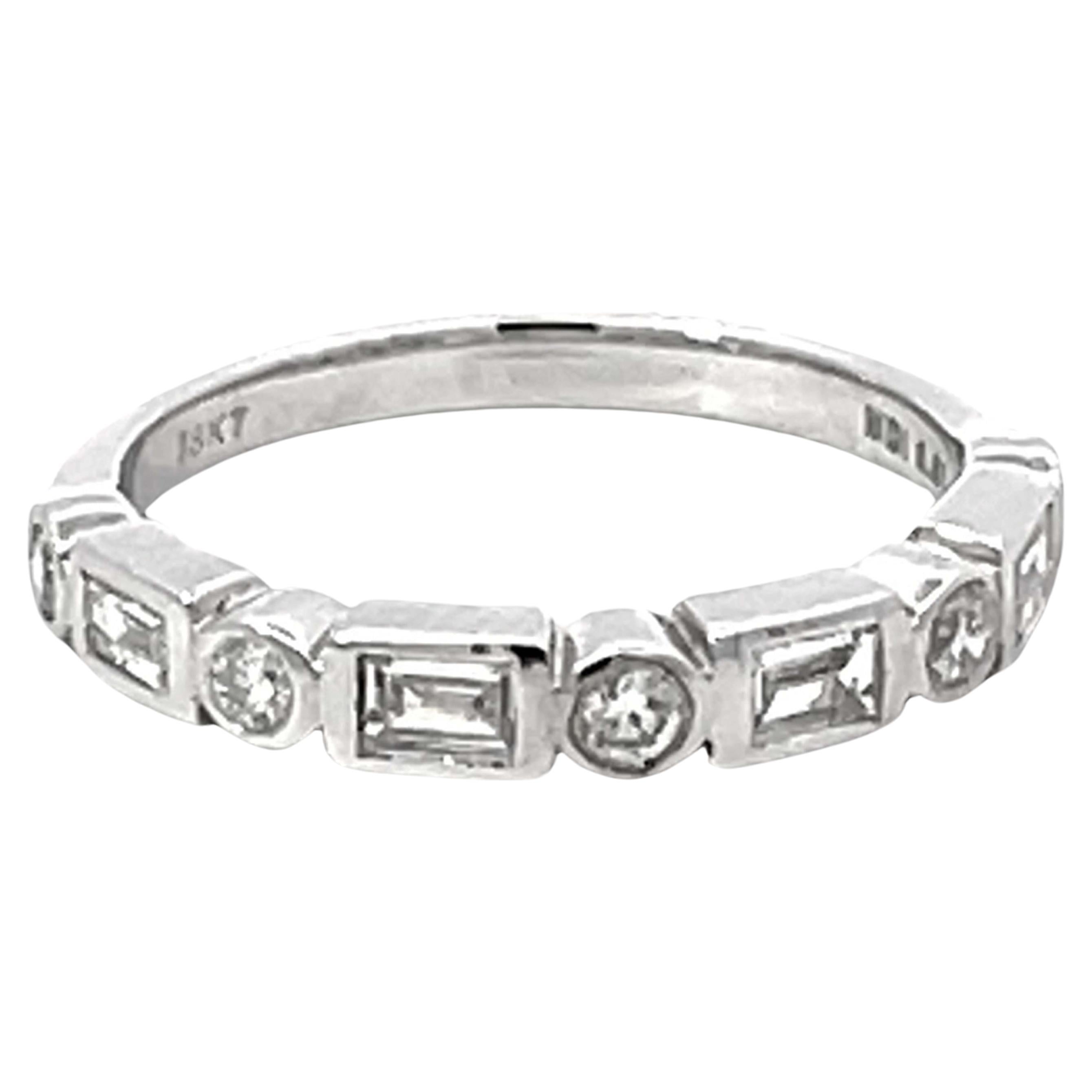 Bezel Set Brilliant and Baguette Diamond Band Ring Solid 18k White Gold