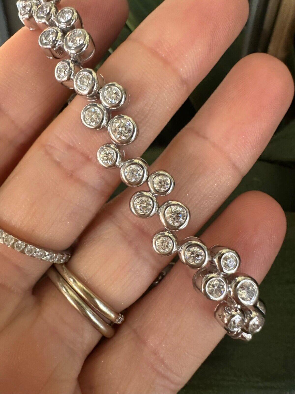 Round Cut Bezel Set Bubble Diamond Bracelet In 14k White Gold For Sale