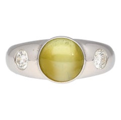 Bezel Set Chrysoberyl Cat's Eye and Diamond Three Stone Ring in 18K White Gold