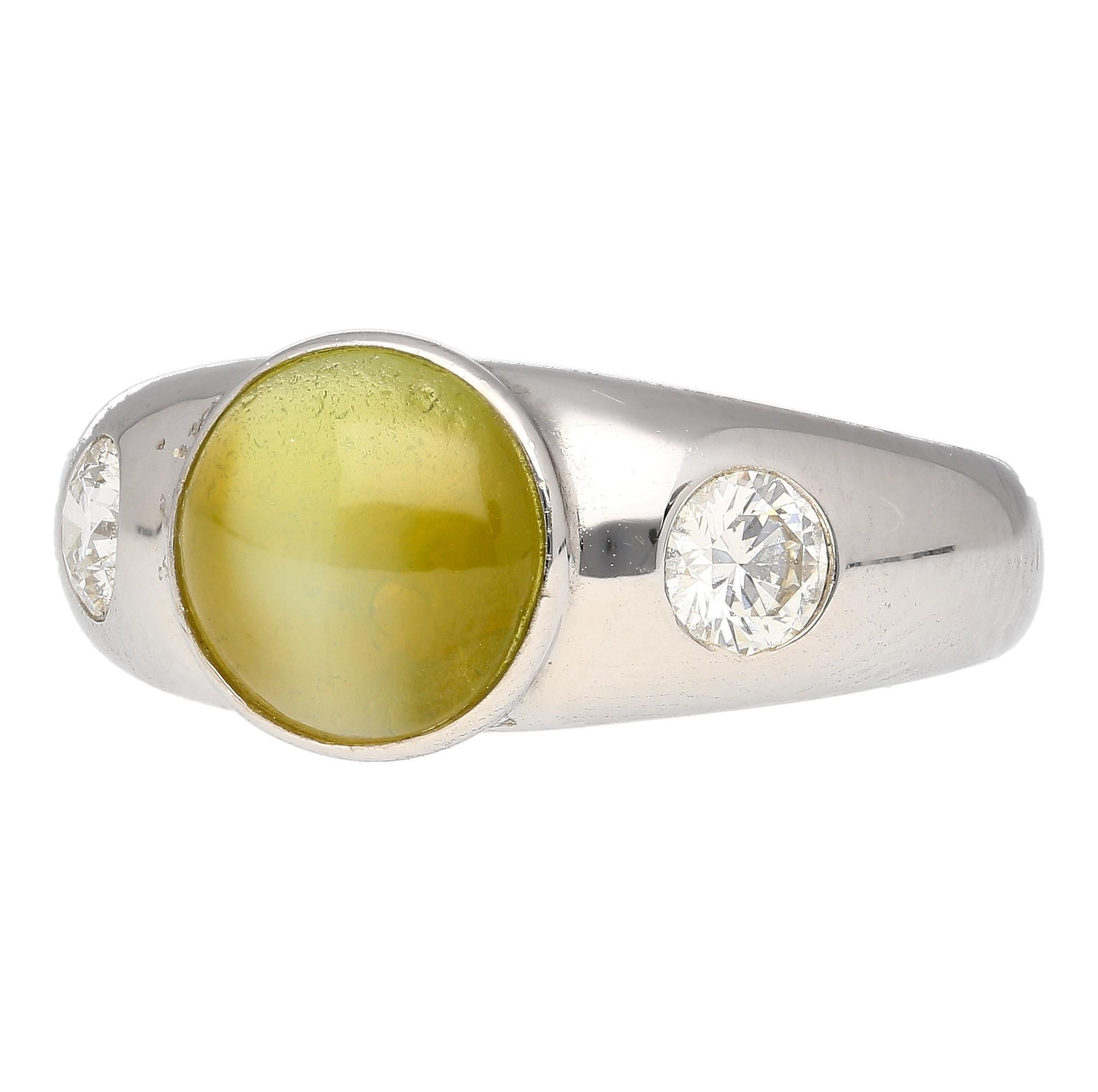 Contemporary Bezel Set Chrysoberyl Cat's Eye and Diamond Three Stone Ring in 18K White Gold For Sale