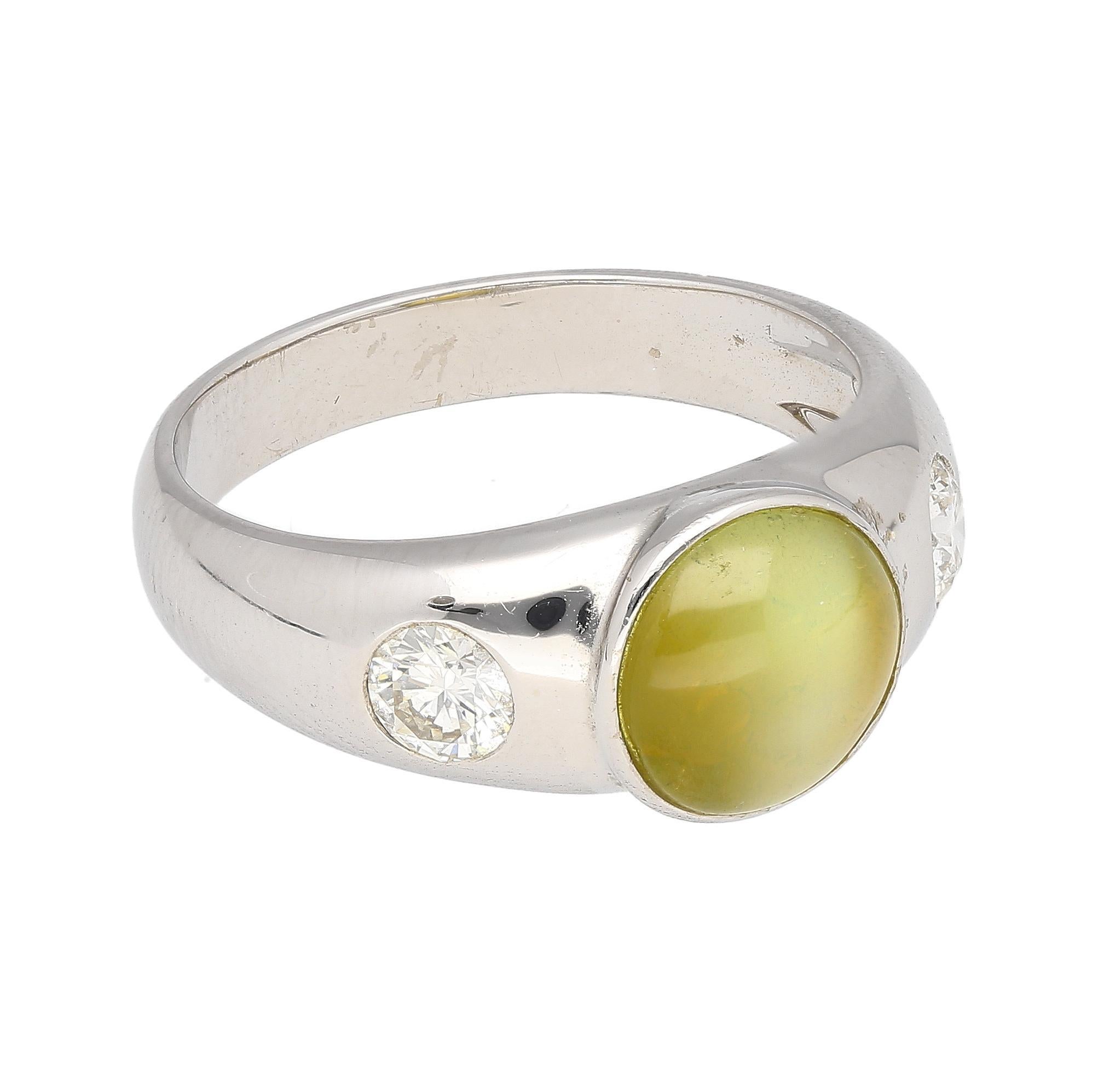 Cabochon Bezel Set Chrysoberyl Cat's Eye and Diamond Three Stone Ring in 18K White Gold For Sale
