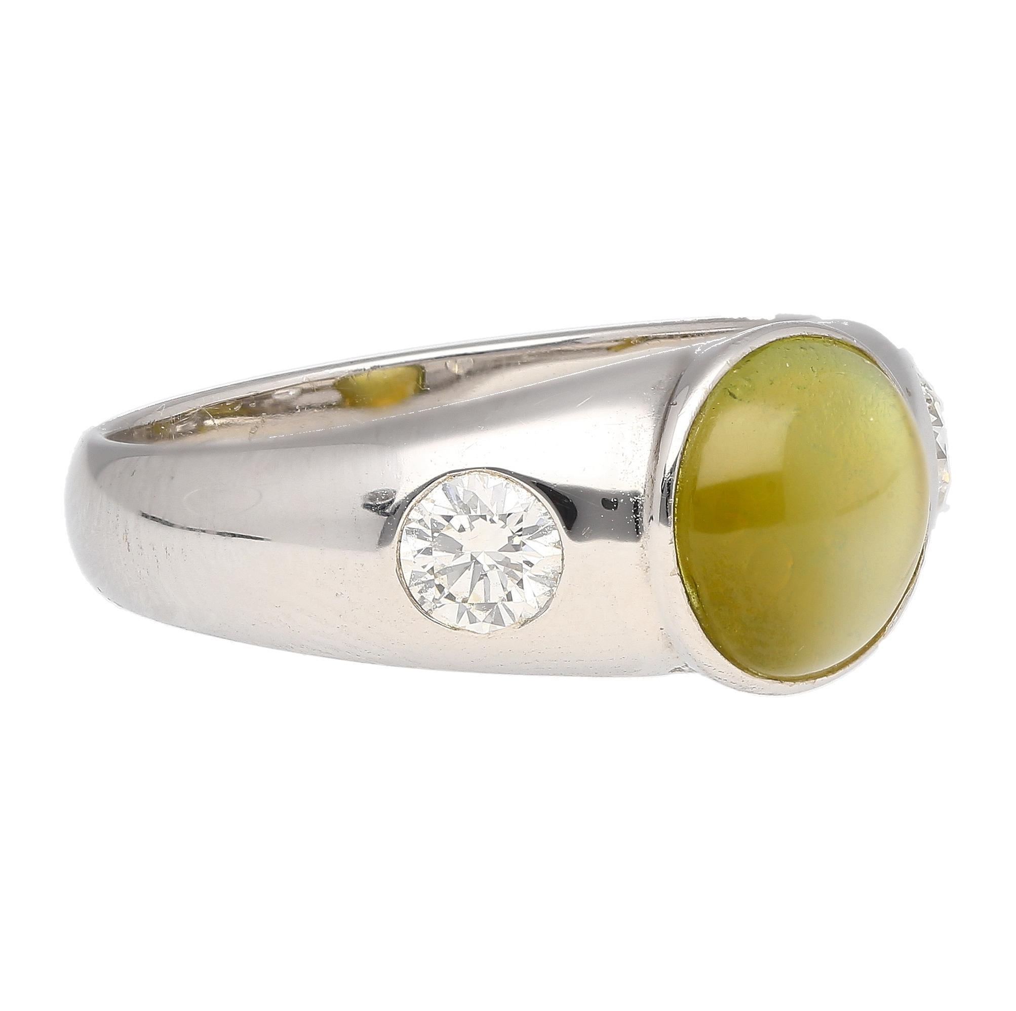 Women's or Men's Bezel Set Chrysoberyl Cat's Eye and Diamond Three Stone Ring in 18K White Gold For Sale