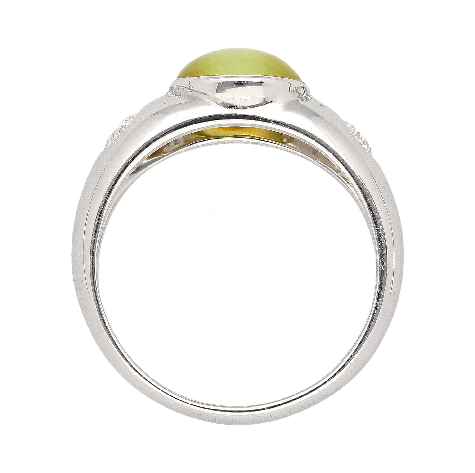 Cabochon Bezel Set Chrysoberyl Cat's Eye and Diamond Three Stone Ring in 18K White Gold For Sale