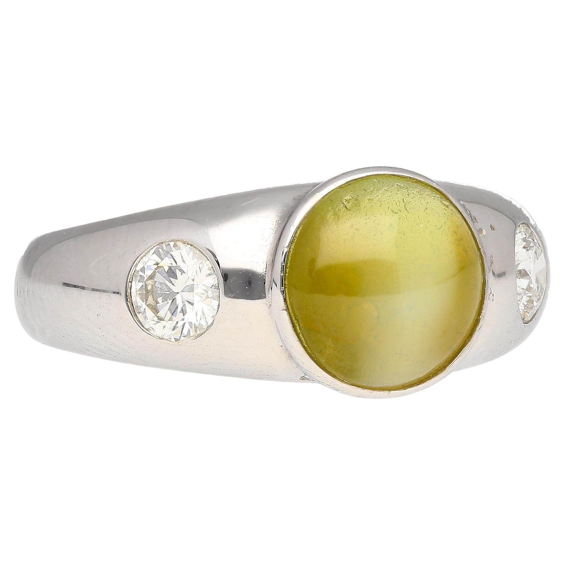 Bezel Set Chrysoberyl Cat's Eye and Diamond Three Stone Ring in 18K White Gold For Sale