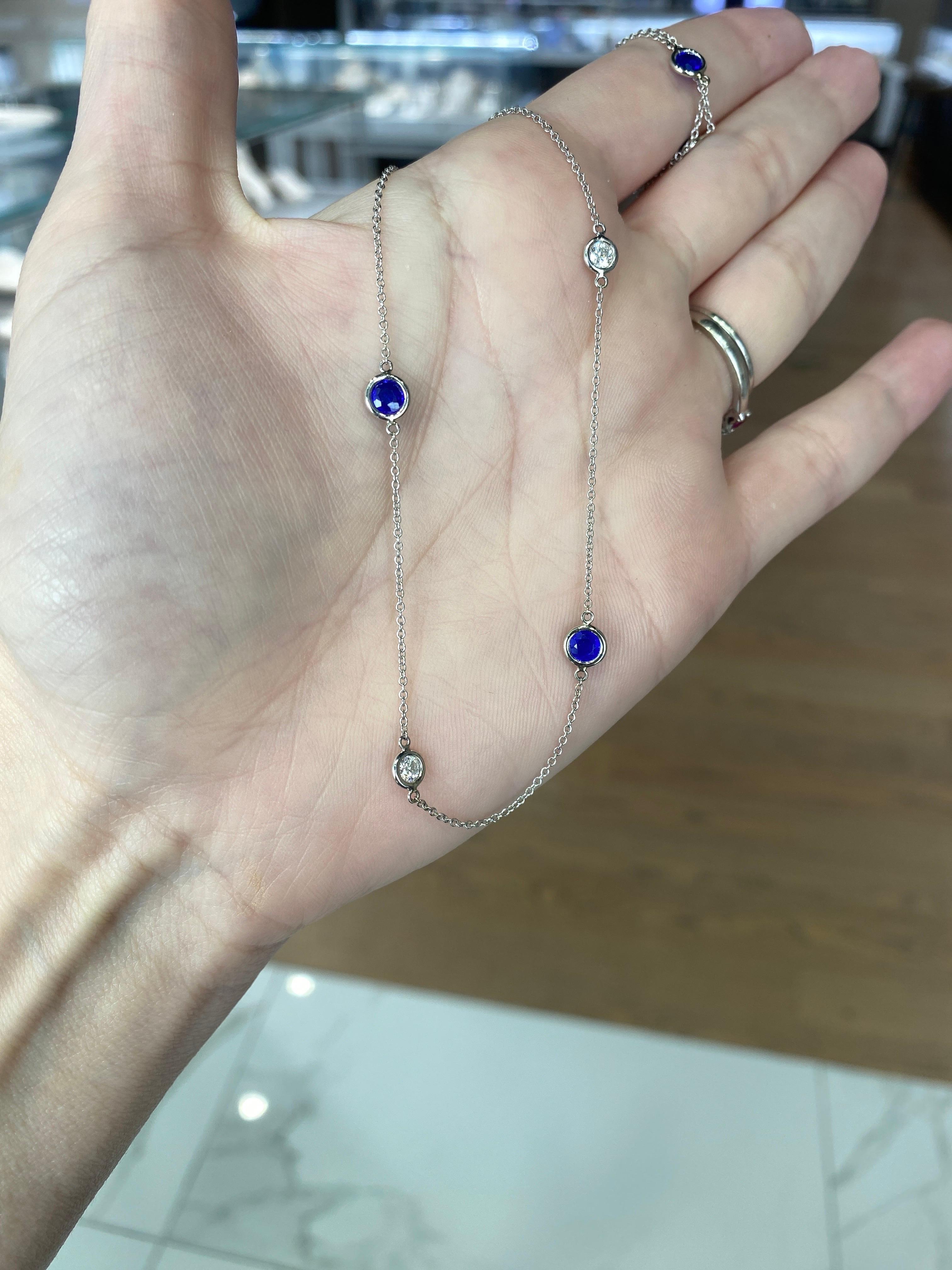 Bezel Set Cobalt Blue Spinel and Round Diamonds by the Yard Necklace  For Sale 5
