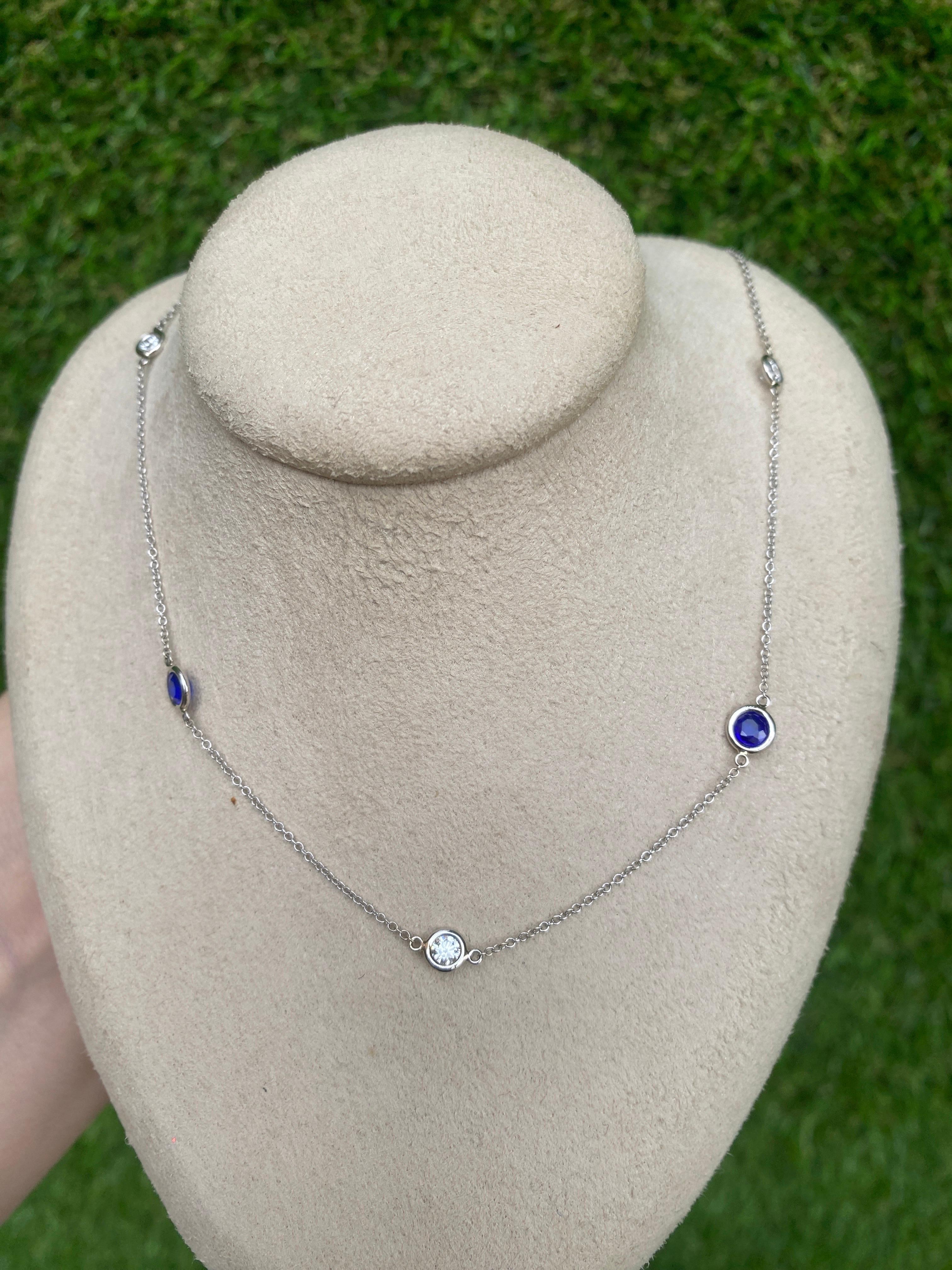 Bezel Set Cobalt Blue Spinel and Round Diamonds by the Yard Necklace  For Sale 7