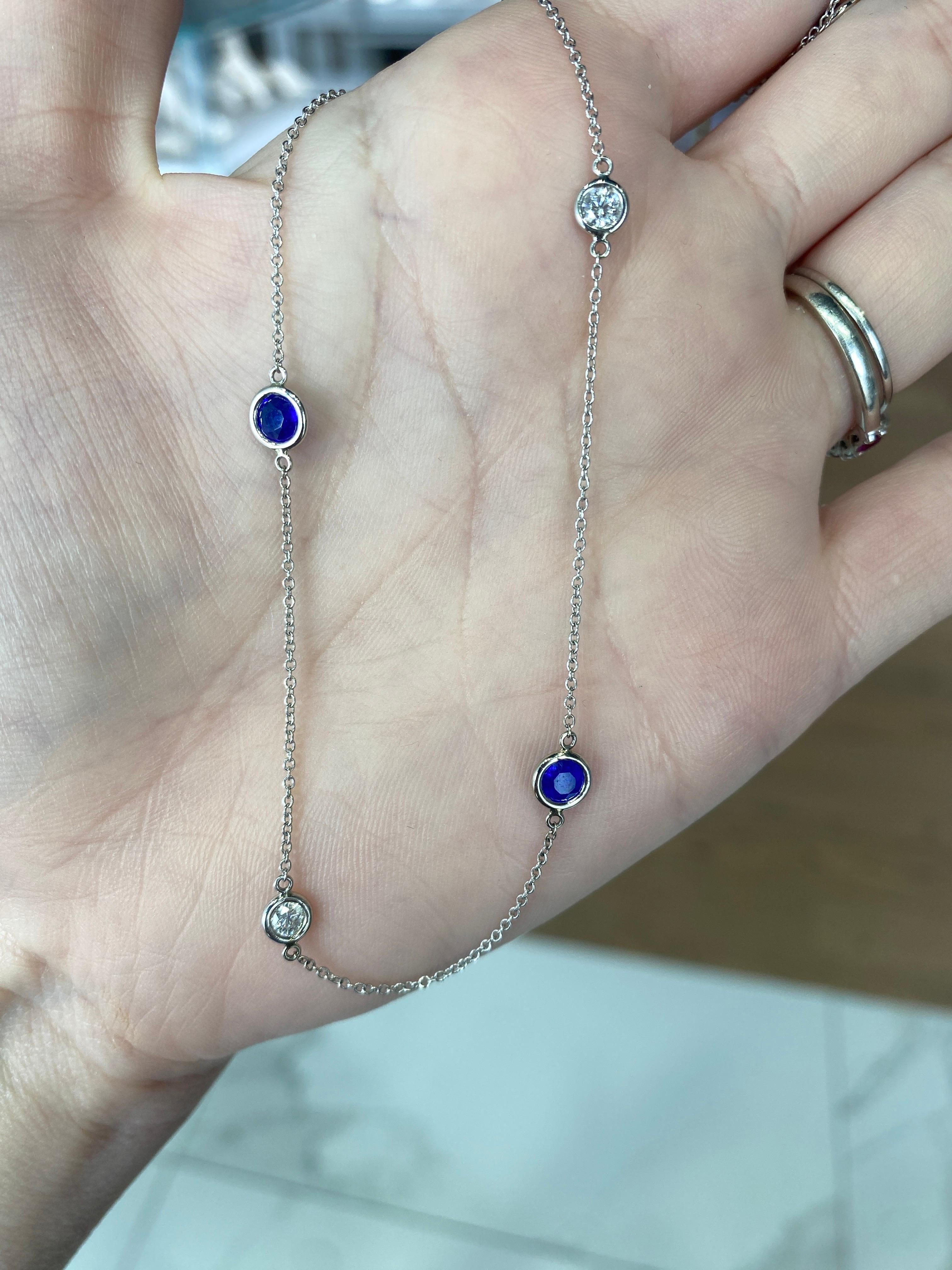 Round Cut Bezel Set Cobalt Blue Spinel and Round Diamonds by the Yard Necklace  For Sale