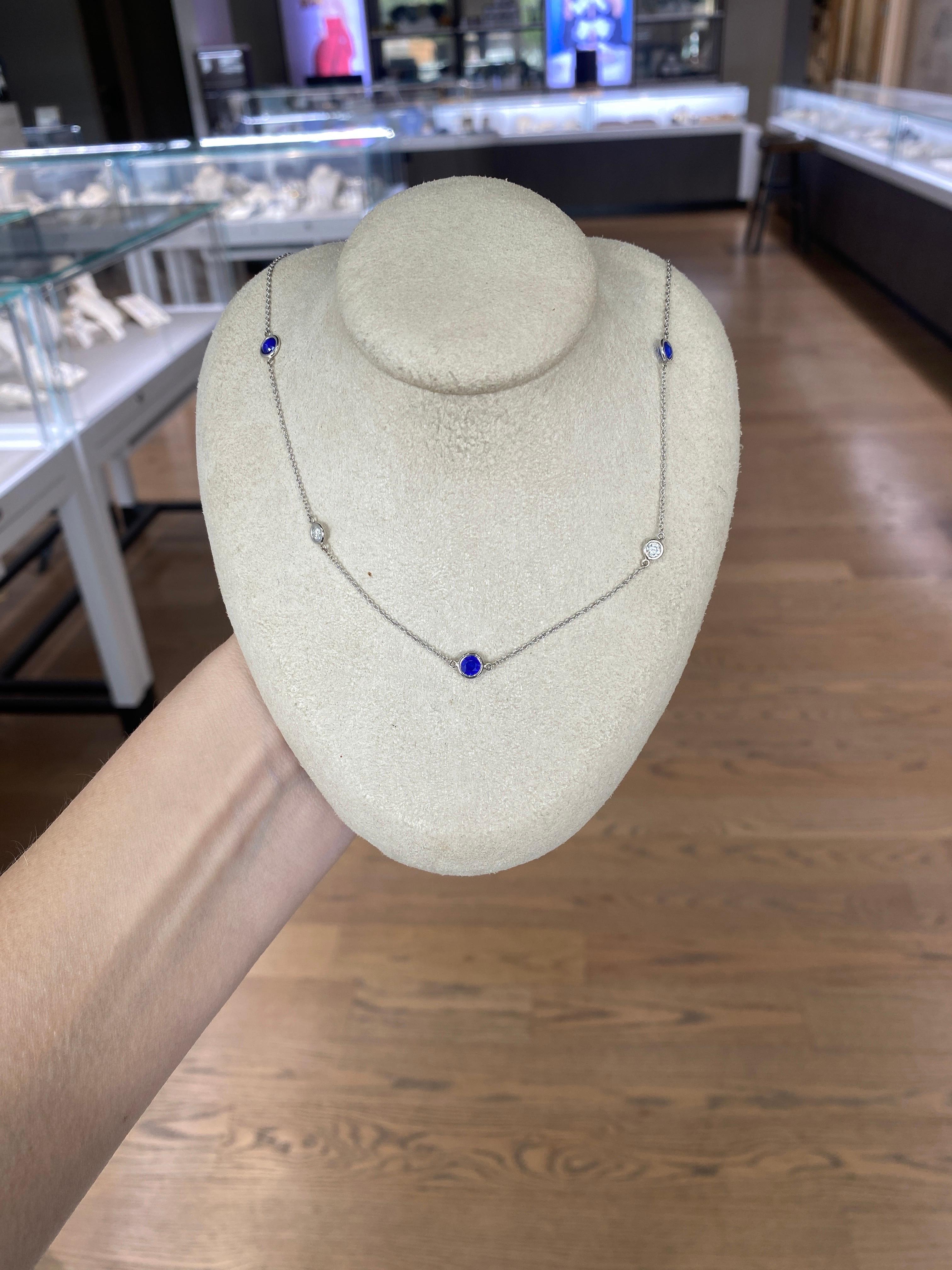 Bezel Set Cobalt Blue Spinel and Round Diamonds by the Yard Necklace  In New Condition For Sale In Houston, TX