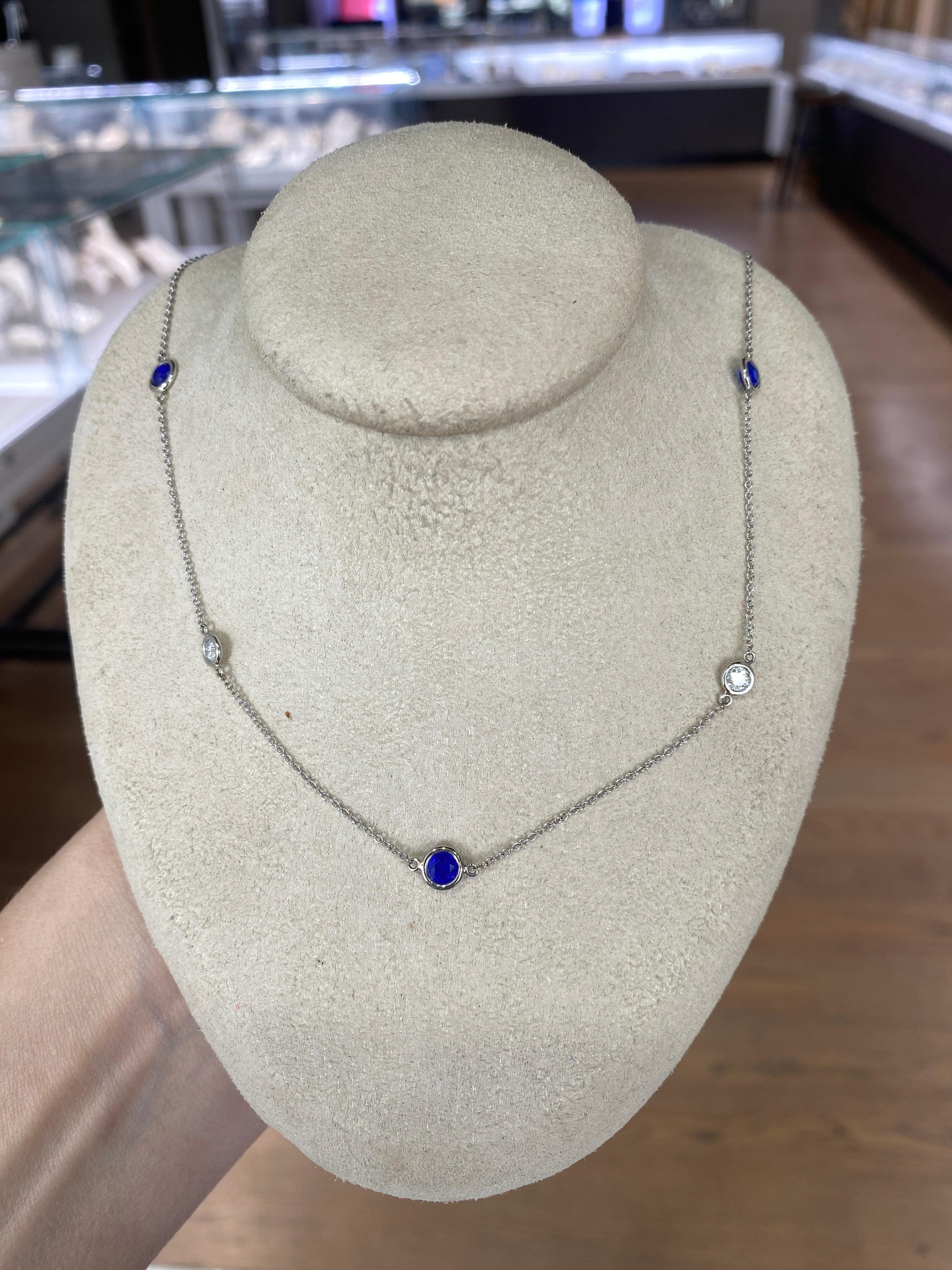 Women's or Men's Bezel Set Cobalt Blue Spinel and Round Diamonds by the Yard Necklace  For Sale