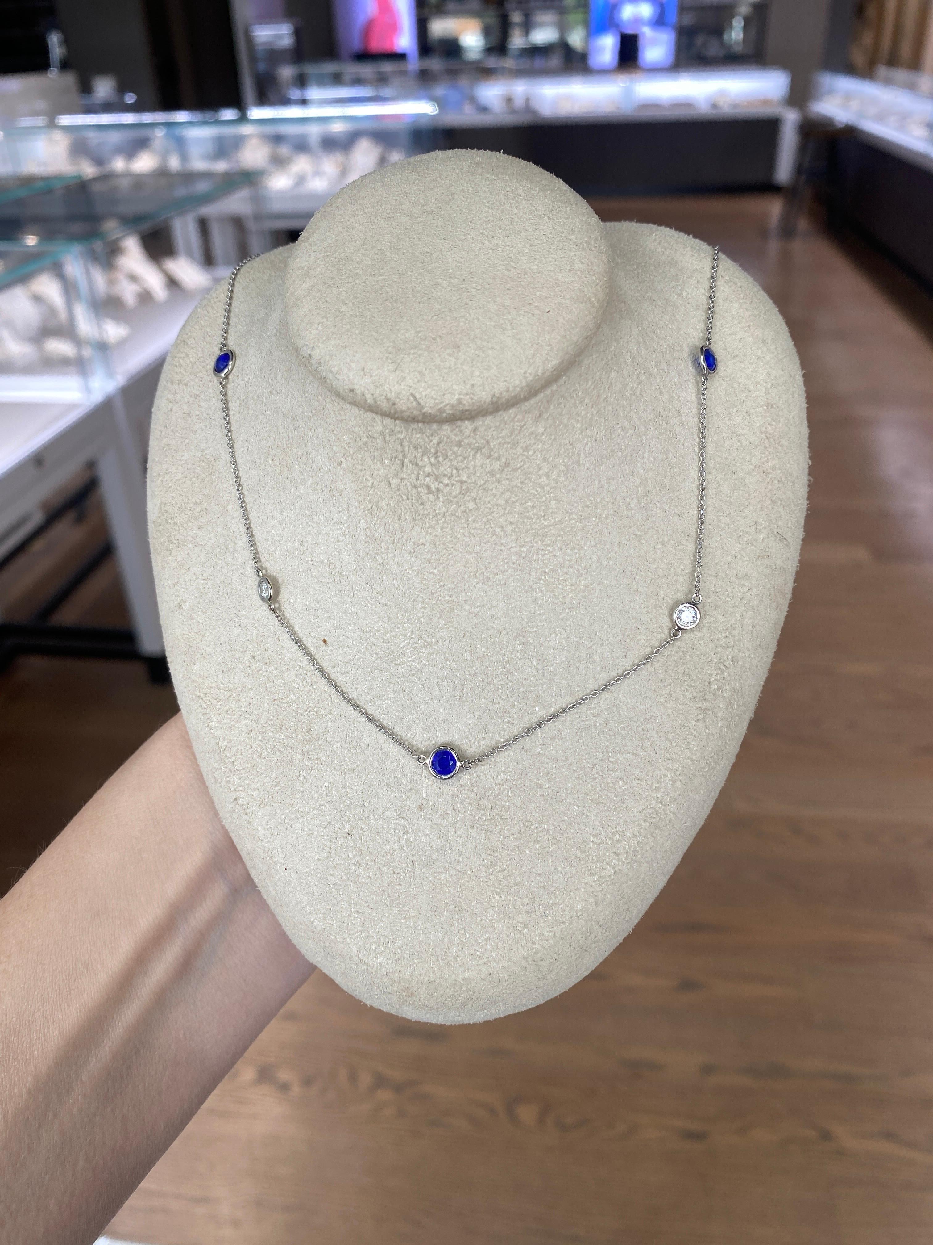 Bezel Set Cobalt Blue Spinel and Round Diamonds by the Yard Necklace  For Sale 1