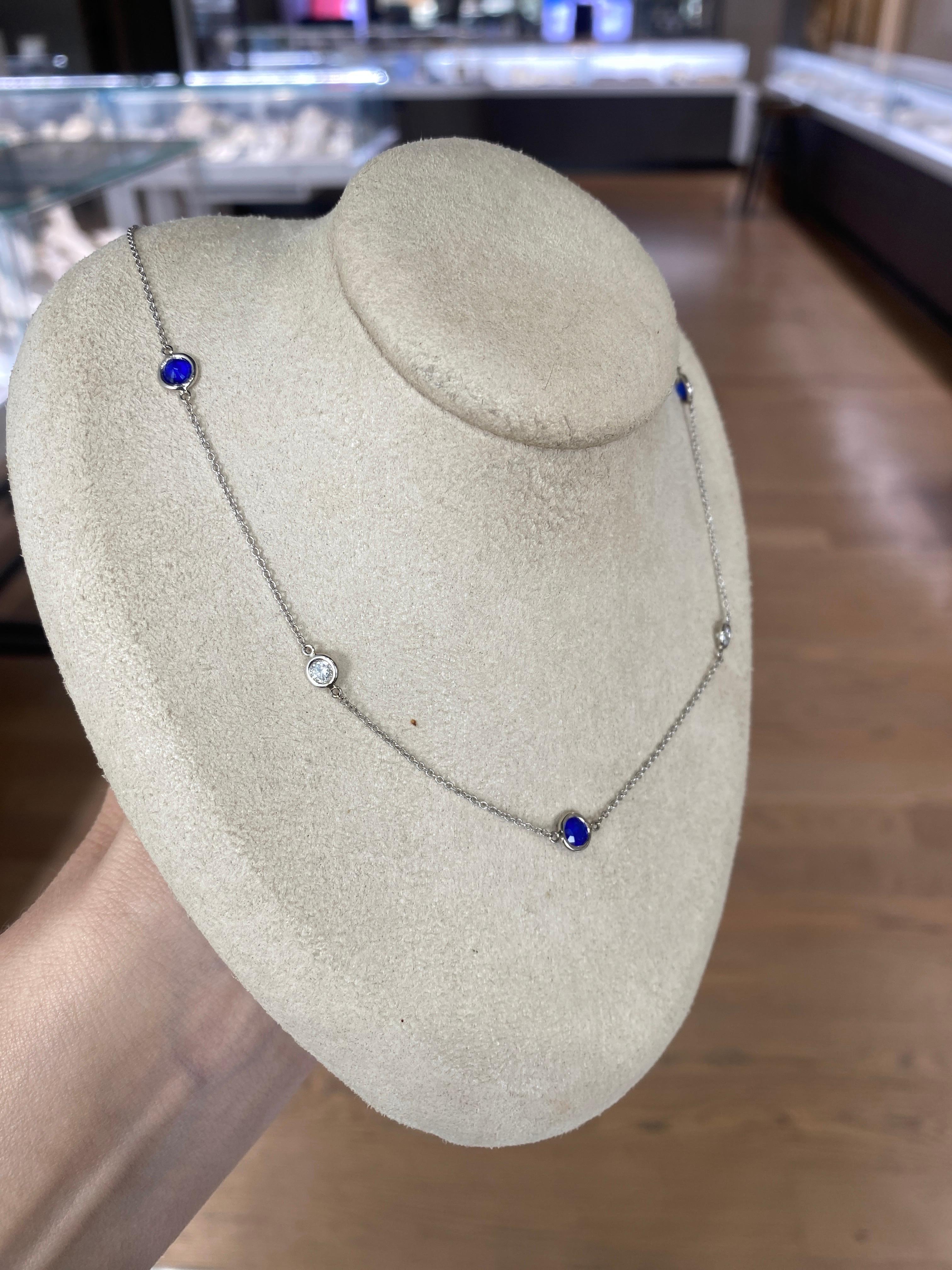 Bezel Set Cobalt Blue Spinel and Round Diamonds by the Yard Necklace  For Sale 2