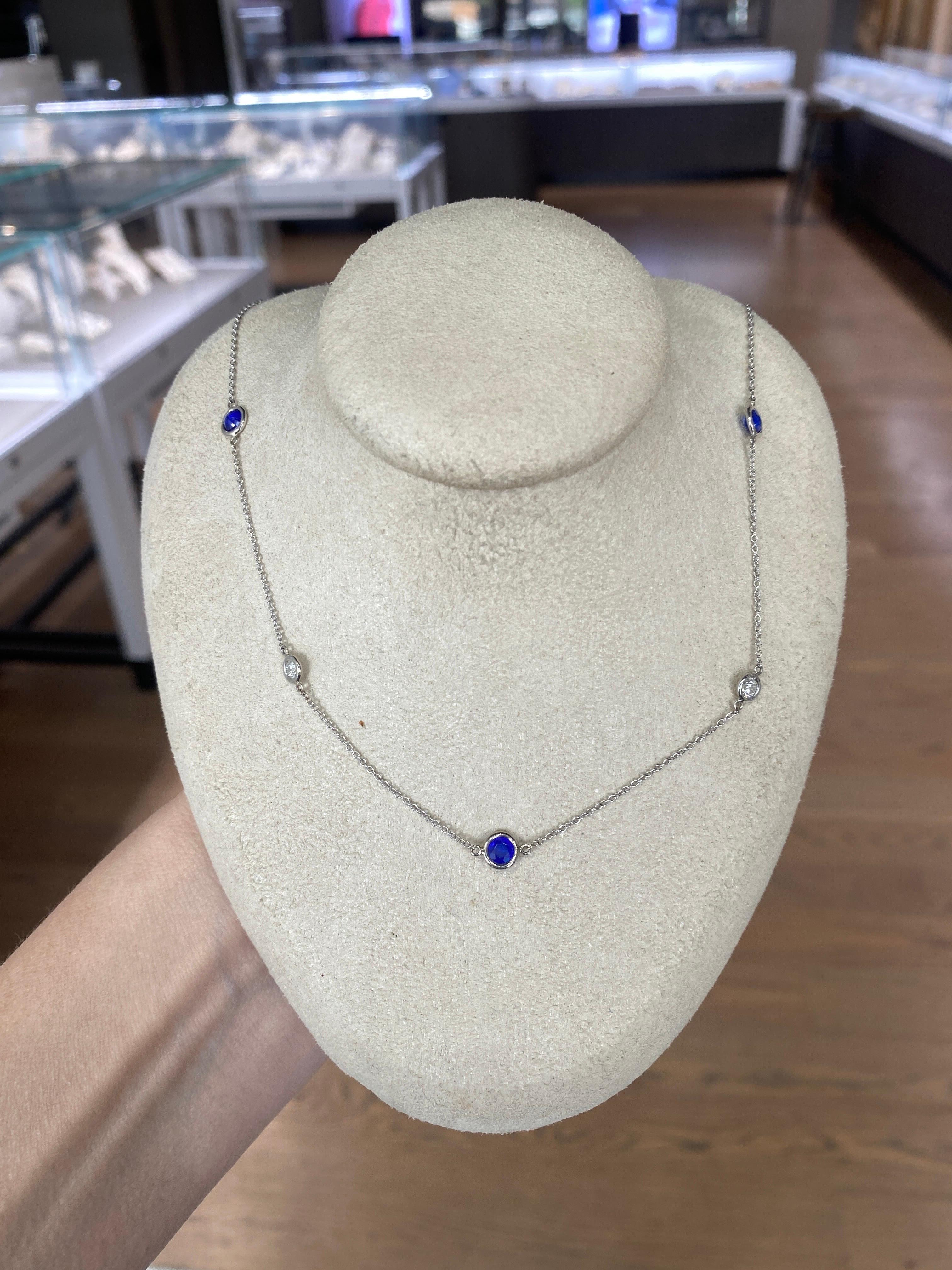 Bezel Set Cobalt Blue Spinel and Round Diamonds by the Yard Necklace  For Sale 3