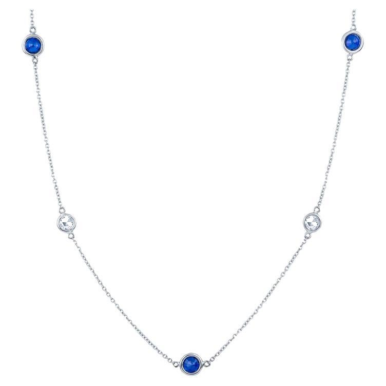 Bezel Set Cobalt Blue Spinel and Round Diamonds by the Yard Necklace  For Sale