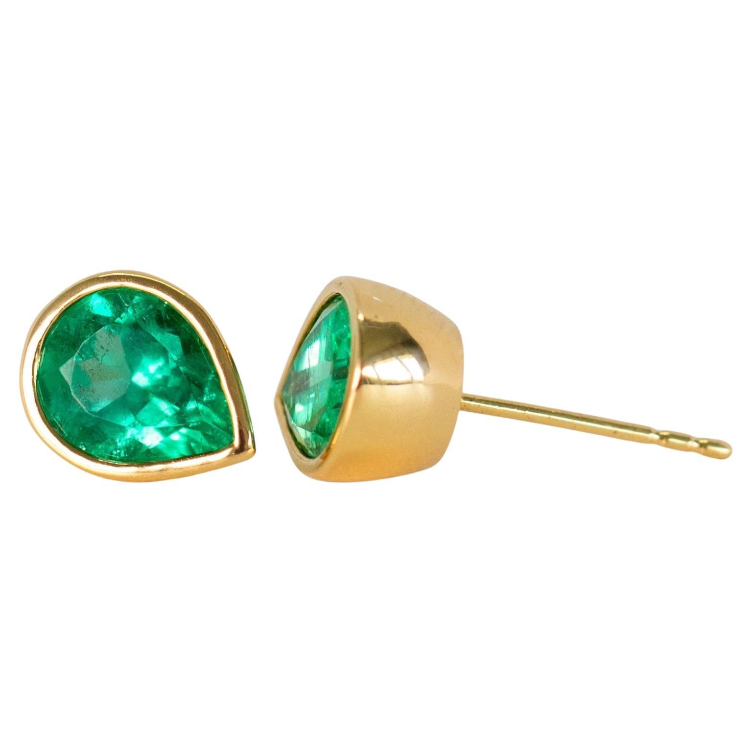 Bezel Set Colombian Emerald Stud Earrings For Sale