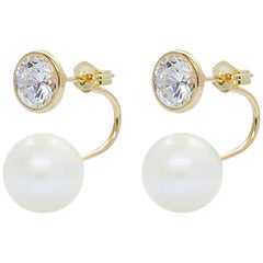 Bezel Set Cubic Zirconia and AAA Quality Pearl Tribal Earrings on 14 Karat Gold