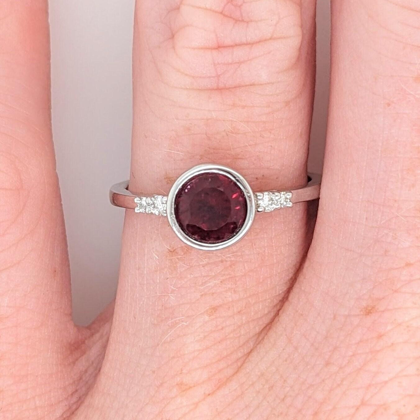 Victorian Bezel Set Deep Red Rubellite Ring in 14K White Gold w Natural Diamond Accents For Sale