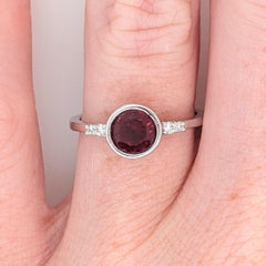Bezel Set Deep Red Rubellite Ring in 14K White Gold w Natural Diamond Accents