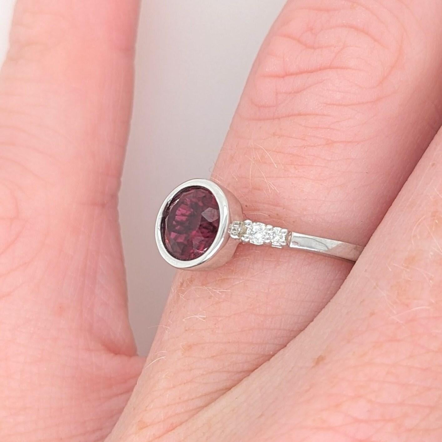 Round Cut Bezel Set Deep Red Rubellite Ring in 14K White Gold w Natural Diamond Accents For Sale