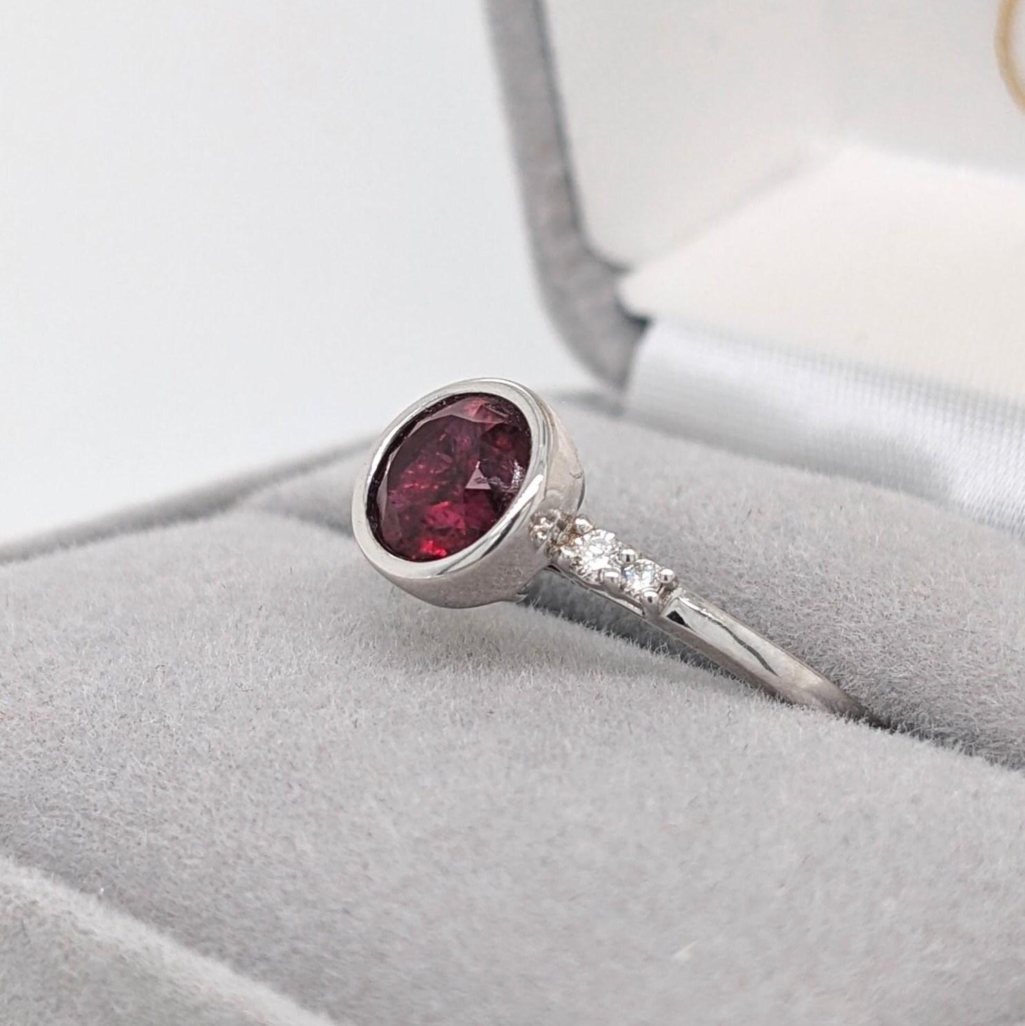 Bezel Set Deep Red Rubellite Ring in 14K White Gold w Natural Diamond Accents In New Condition For Sale In Columbus, OH