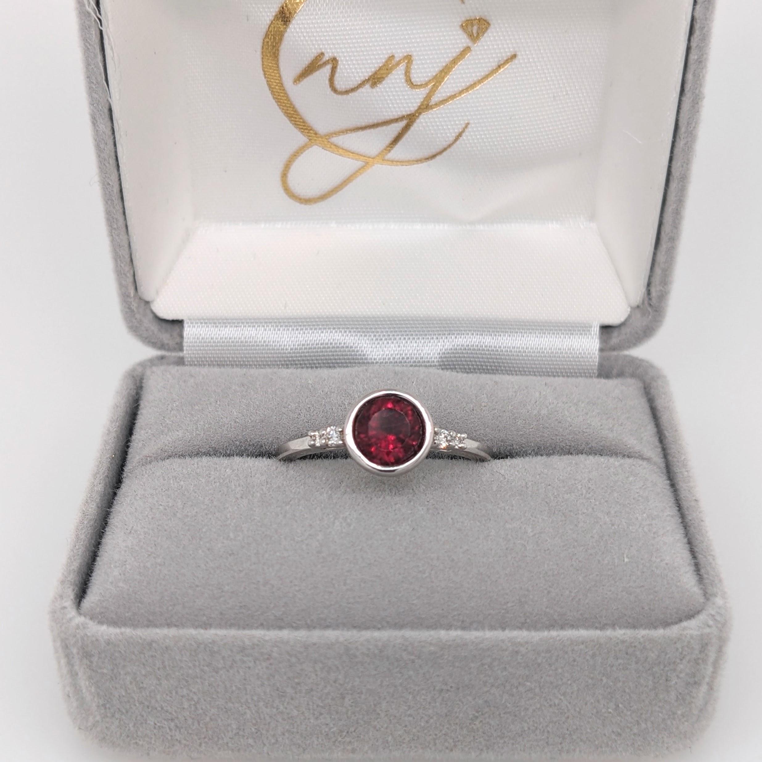 Round Cut Bezel Set Deep Red Rubellite Ring in 14K White Gold w Natural Diamond Accents For Sale