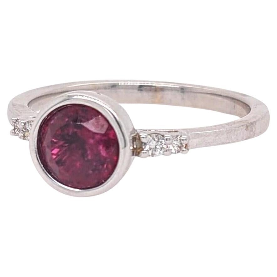 Bezel Set Deep Red Rubellite Ring in 14K White Gold w Natural Diamond Accents For Sale