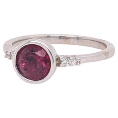 Bezel Set Deep Red Rubellite Ring in 14K White Gold w Natural Diamond Accents