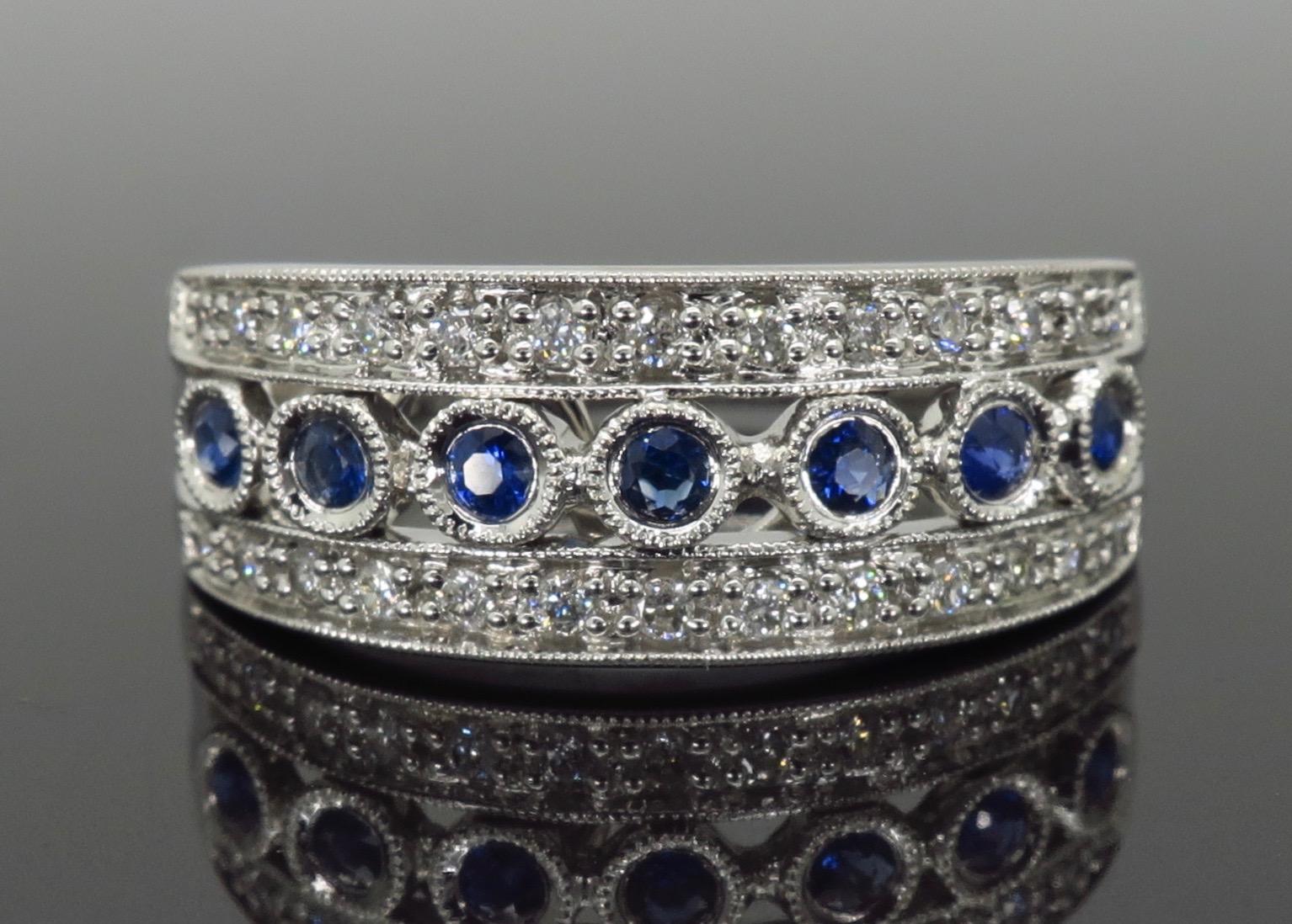 Bezel Set Diamond and Sapphire Anniversary Ring In New Condition In Webster, NY