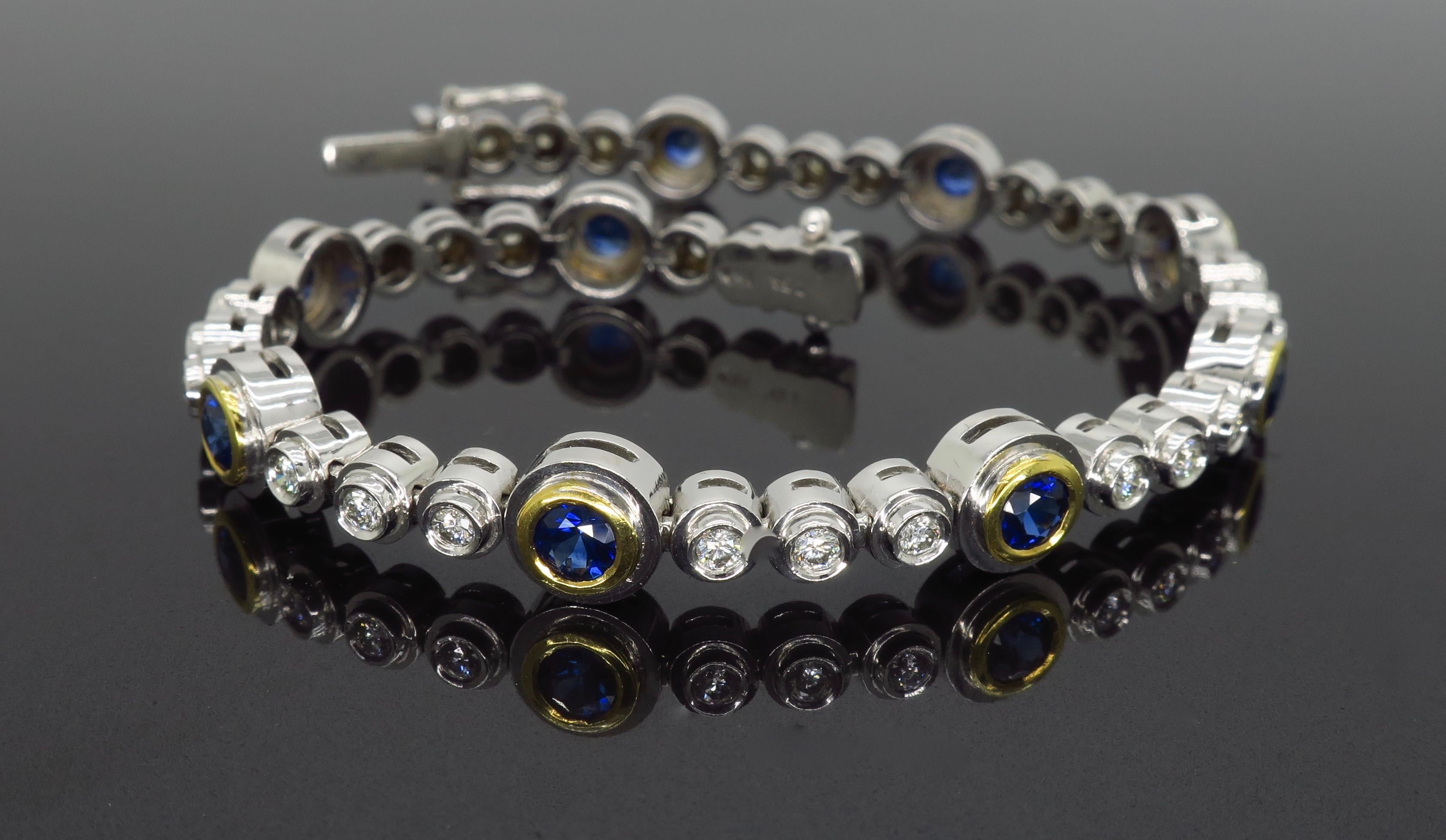 Women's or Men's Bezel Set Diamond and Blue Sapphire Tennis Bracelet